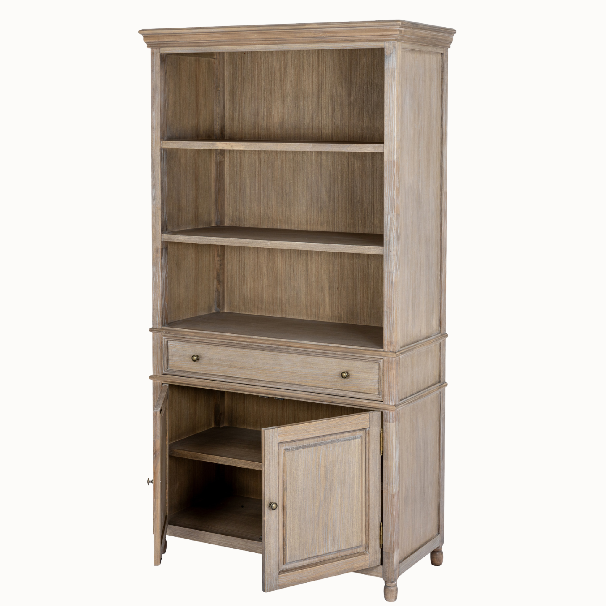 Laurent brown wood display cabinet with open shelves, drawer and open 2-door cupboard on a white background.