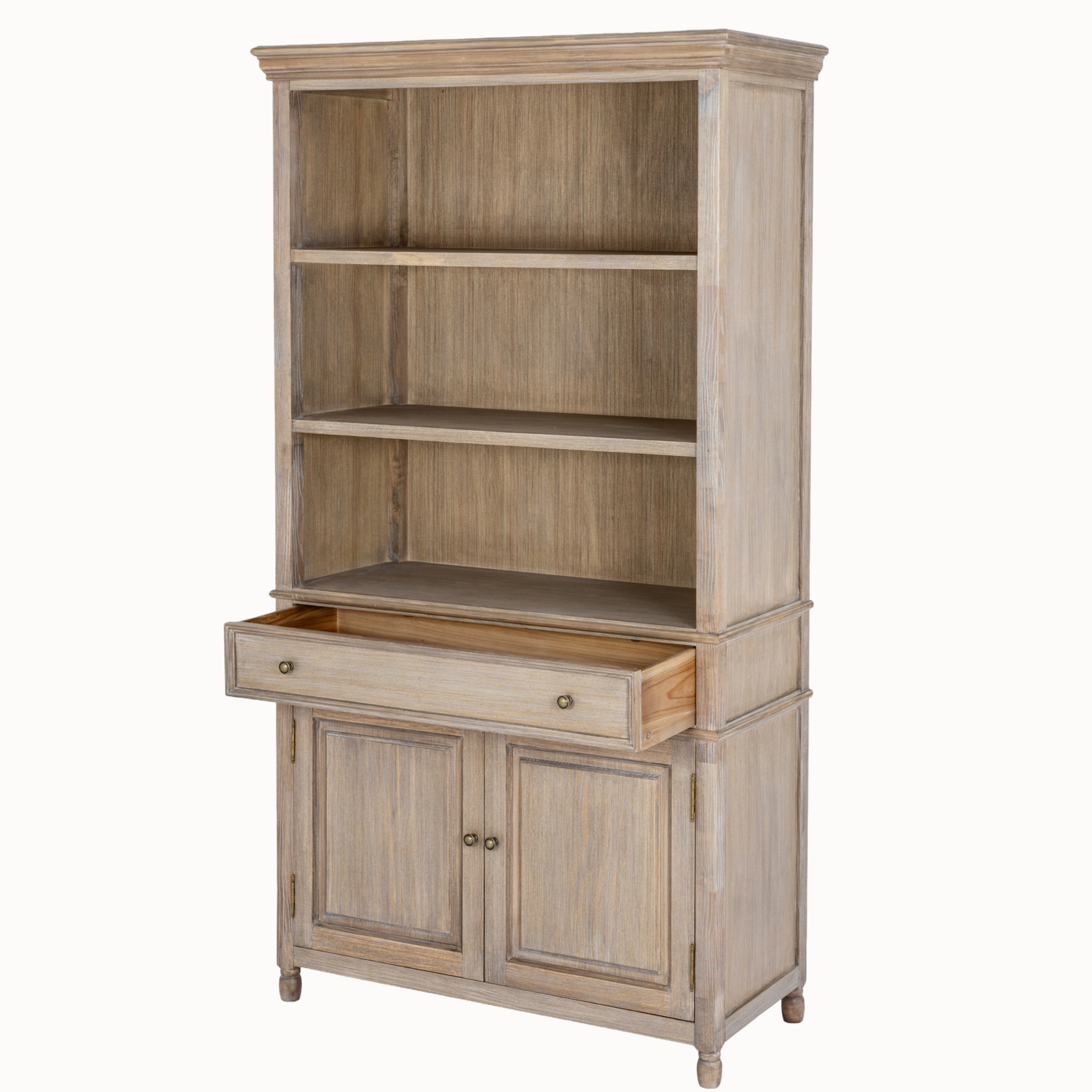 Laurent brown wood display cabinet with open shelves, pull-out drawer, 2 doors and brass knobs on a white background.
