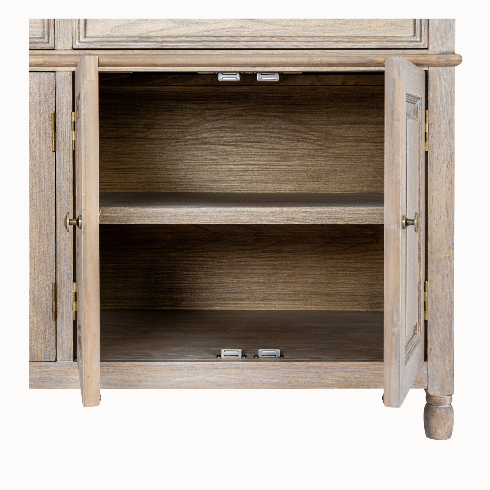Laurent brown wood sideboard with cupboard doors open to reveal internal shelf storage against a white background.