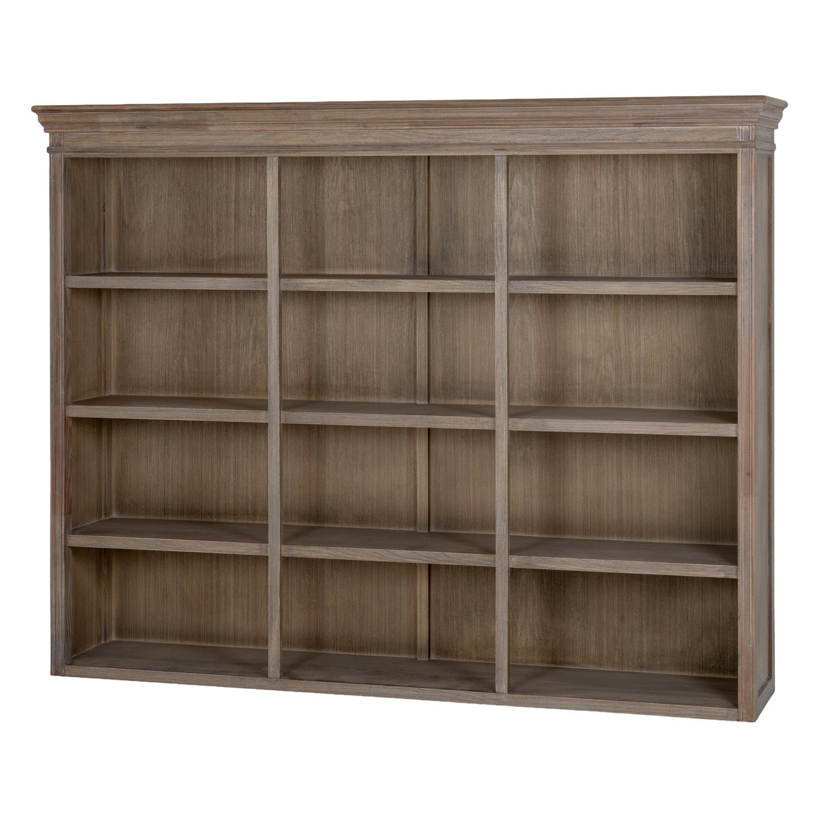 Angled front view of the Laurent Large Open Display Shelving Unit featuring multiple open shelves, natural wood finish and generous display storage for books, decorative accessories, ceramics and living room styling.