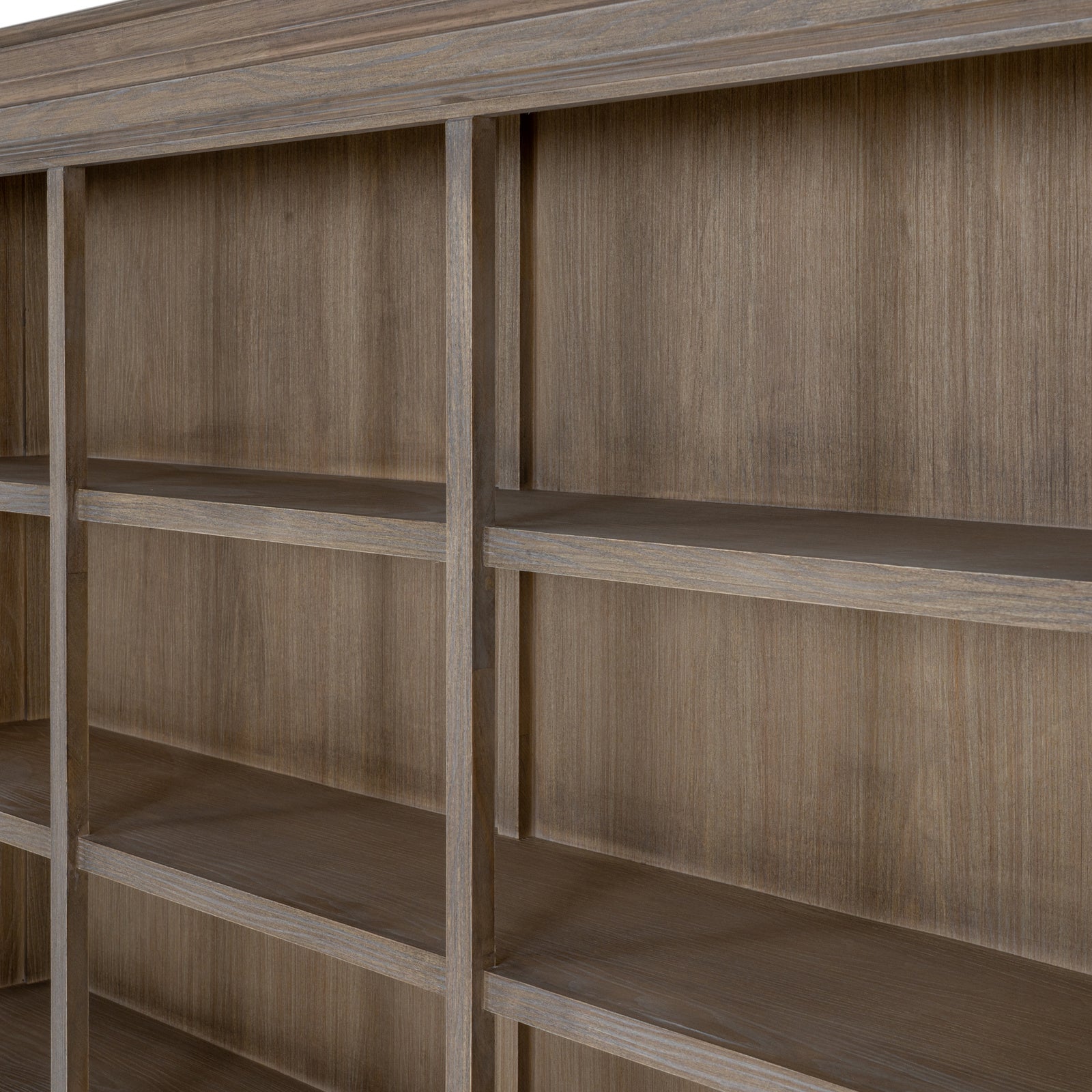 Detailed view of the Laurent Large Open Display Shelving Unit featuring spacious open shelves, natural wood finish and versatile storage for books, decorative accessories and display items.