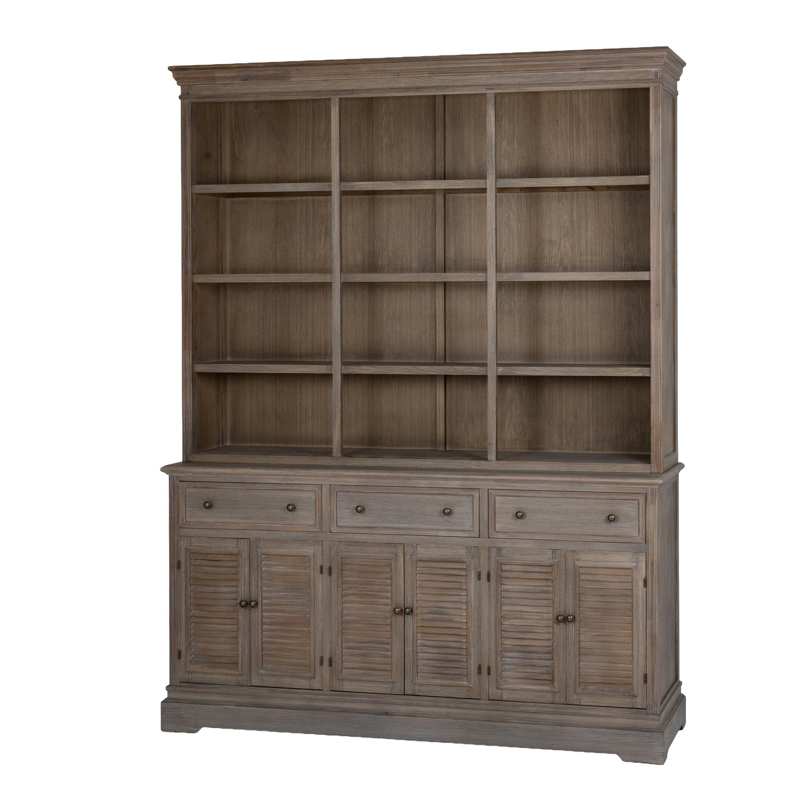 The Laurent Large Open Display Shelving Unit paired with the matching Laurent Large Wood Dresser Cabinet, combining generous open shelving with cupboard and drawer storage in a natural wood finish.