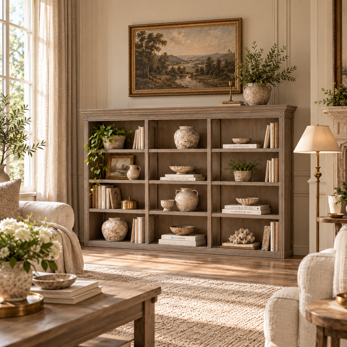 Laurent large wood display bookcase with open shelves styled with books and ceramics in a bright living room