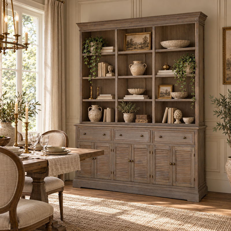 Laurent large wood display cabinet with open shelving and lower storage in a sunlit dining room with cane chairs