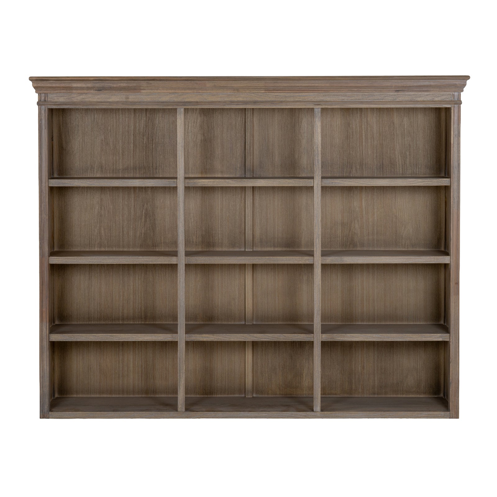 Front view of the Laurent Large Wood Display Cabinet upper section with wide open display shelving designed for books, ornaments, ceramics and decorative home accessories.