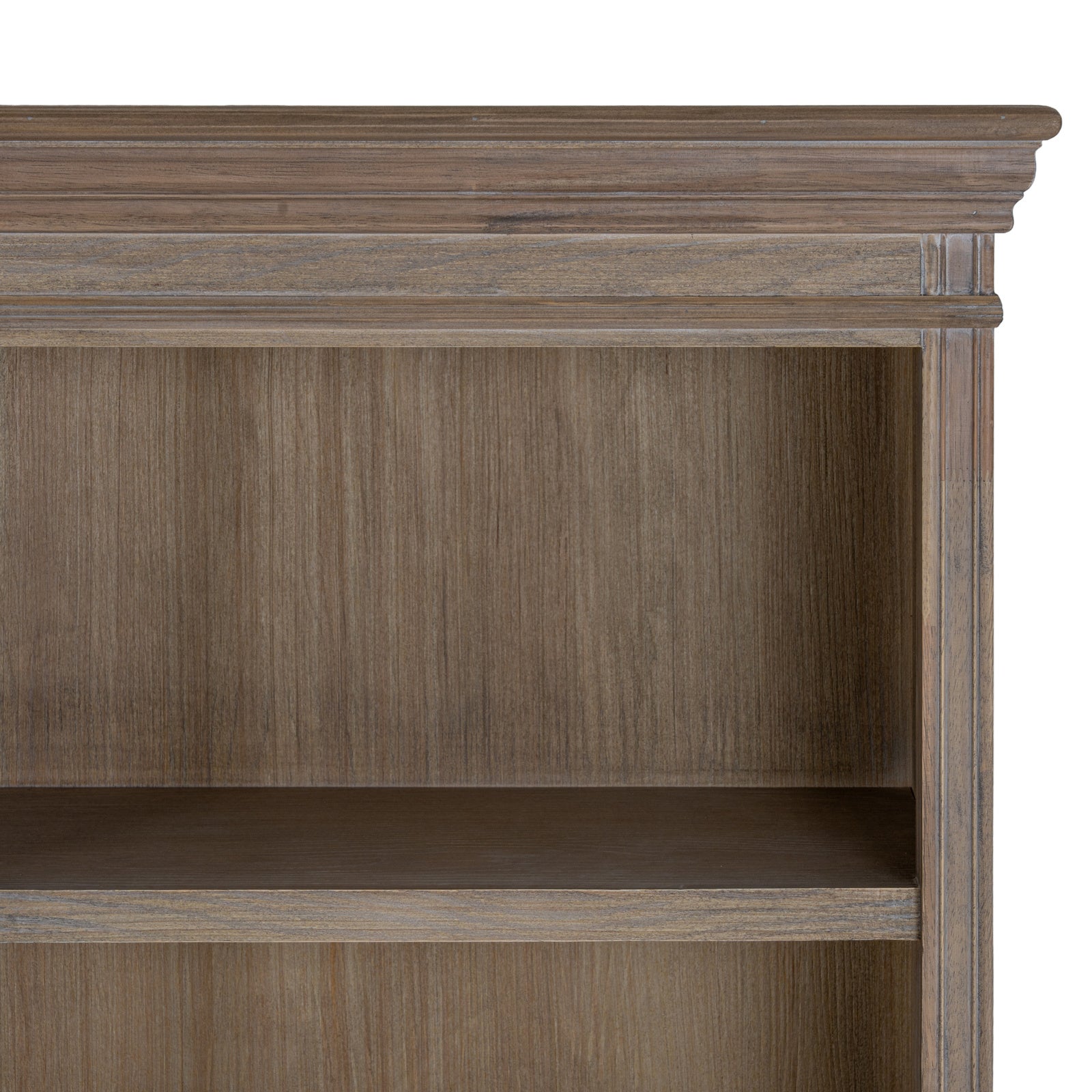 Close-up of the Laurent Large Wood Display Cabinet upper shelving highlighting the moulded cornice, natural wood grain finish and generous open shelf space.
