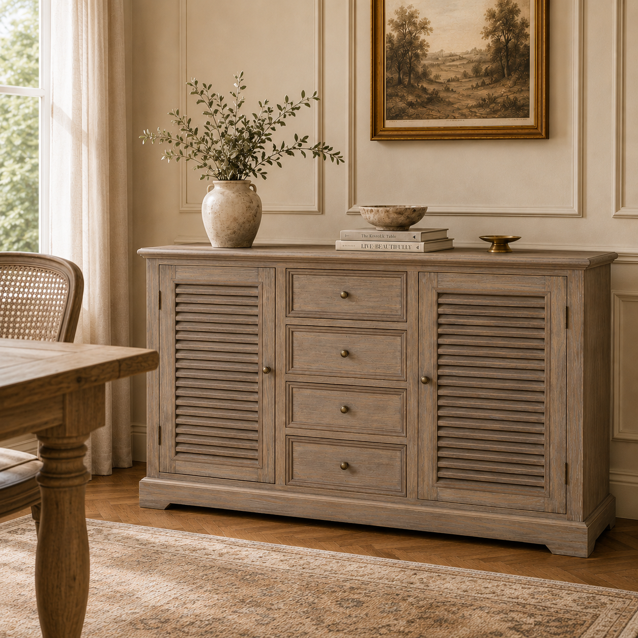 Laurent large wood dresser cabinet with 2 louvred doors and 4 drawers in a warm elegant dining room.