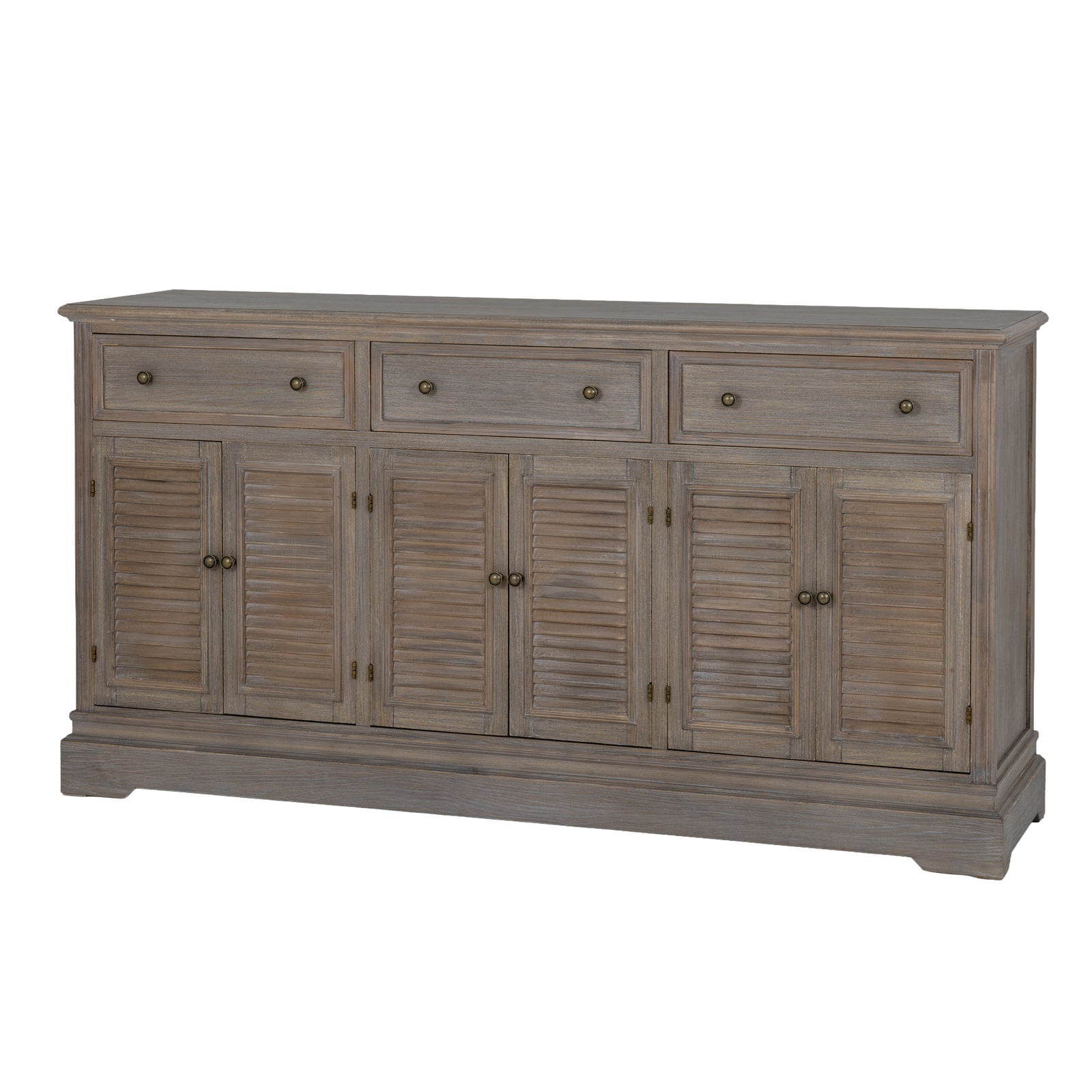 Angled front view of the Laurent Large Wood Dresser Cabinet with 6 doors and 3 drawers, featuring a natural wood finish, shutter-style cupboard doors, spacious storage drawers and classic farmhouse-inspired craftsmanship.