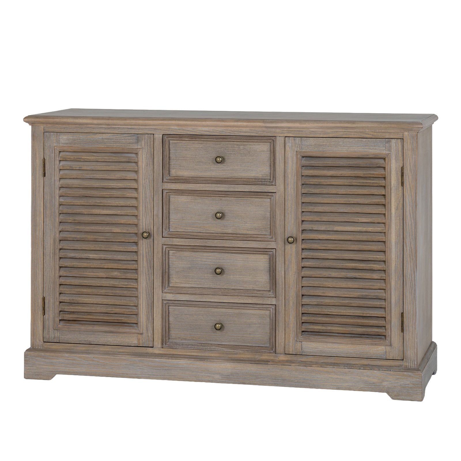 Angled view of the Laurent Large Wood Dresser Cabinet with 2 Doors & 4 Drawers showcasing the natural wood construction, four central storage drawers, twin louvred cupboard doors and timeless farmhouse-inspired cabinet design.