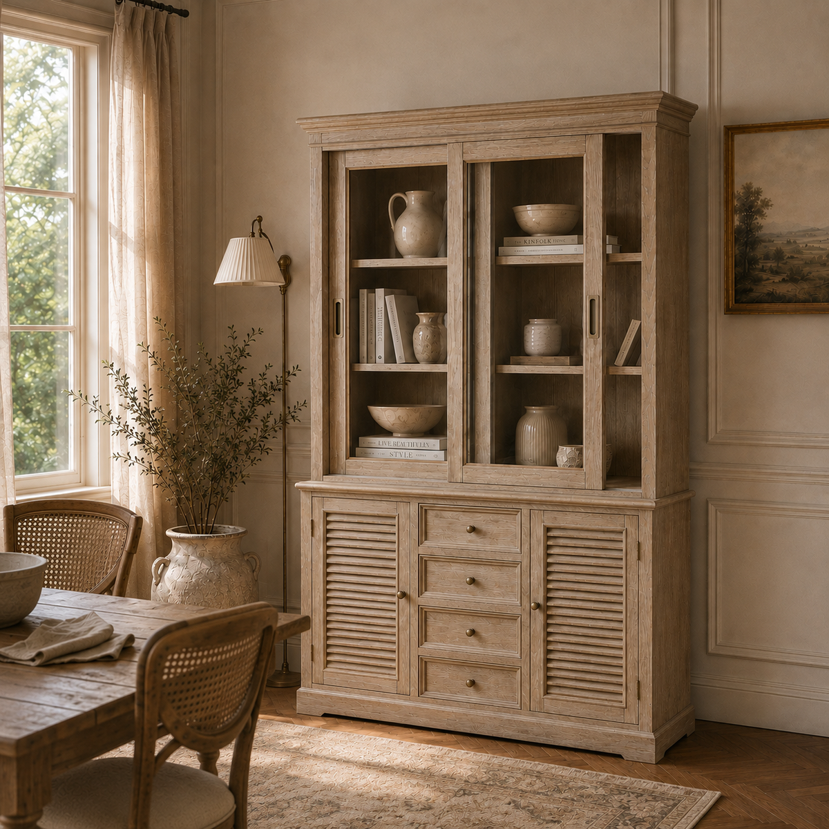 Laurent wood dresser cabinet with glass display hutch, louvred doors and drawers in a sunlit dining room.