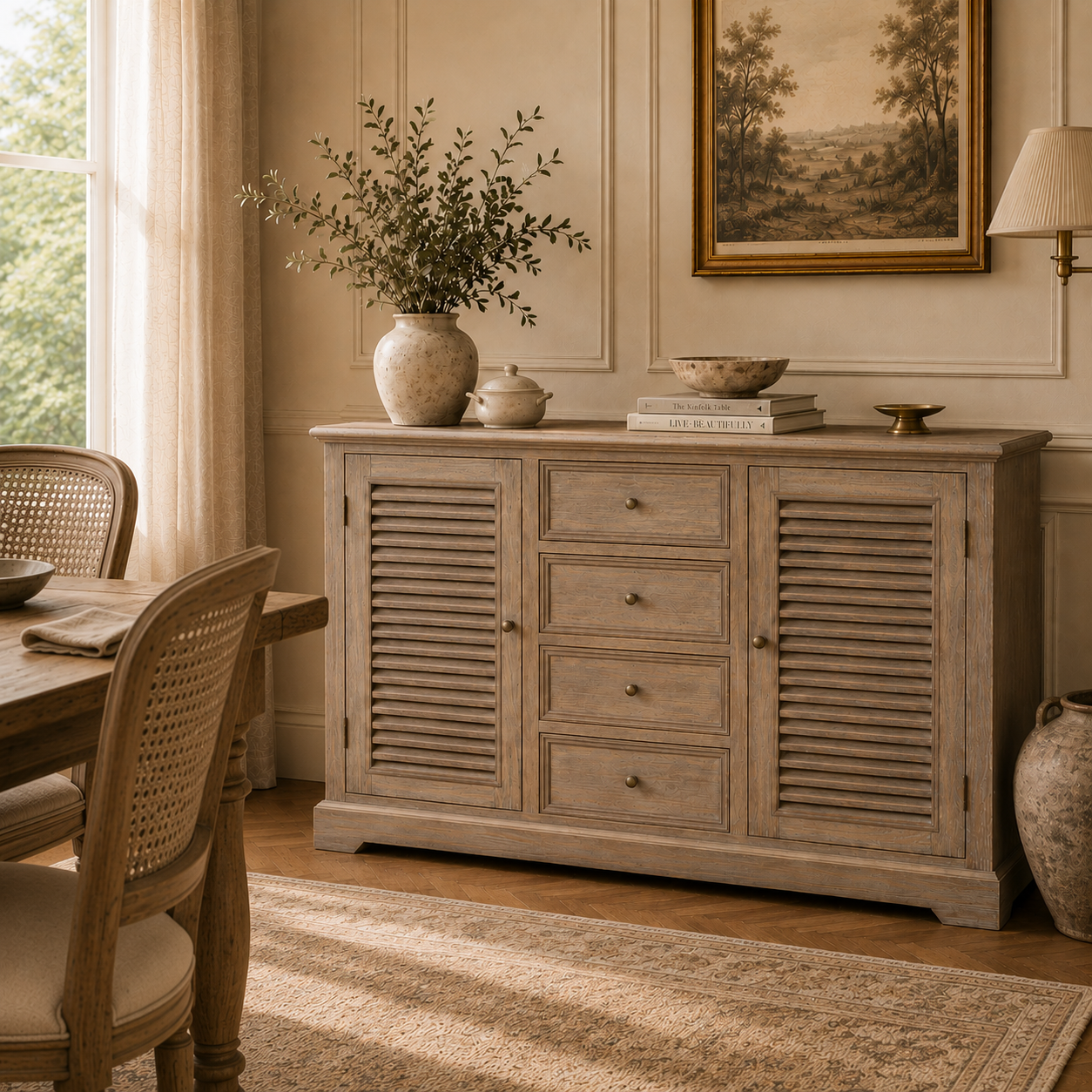 Laurent wood dresser cabinet with louvred doors and 4 drawers beside a dining table in a warm neutral interior.