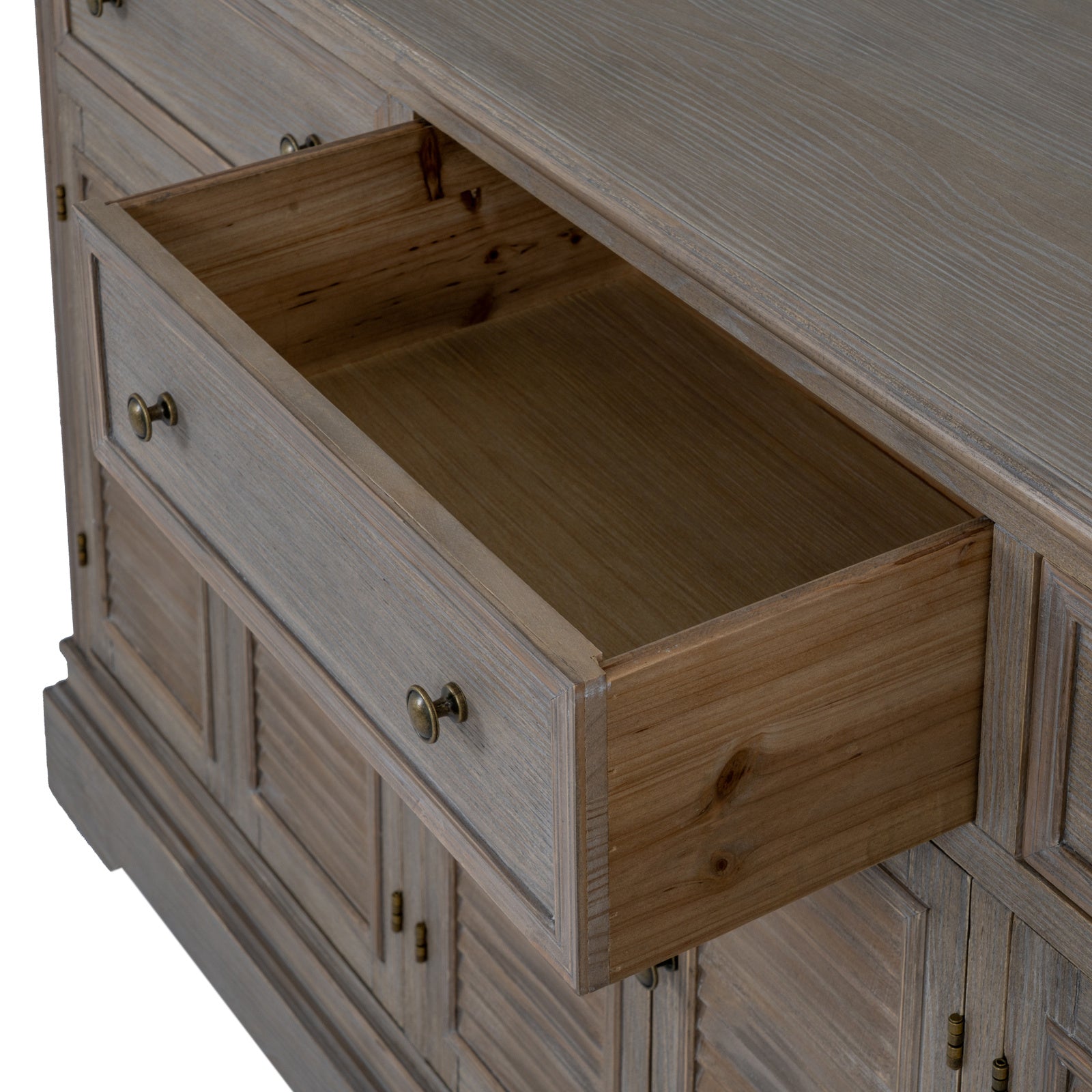 Close-up of the Laurent Large Wood Dresser Cabinet with an open drawer, highlighting the spacious drawer storage, solid wood interior, quality craftsmanship and practical everyday organisation.