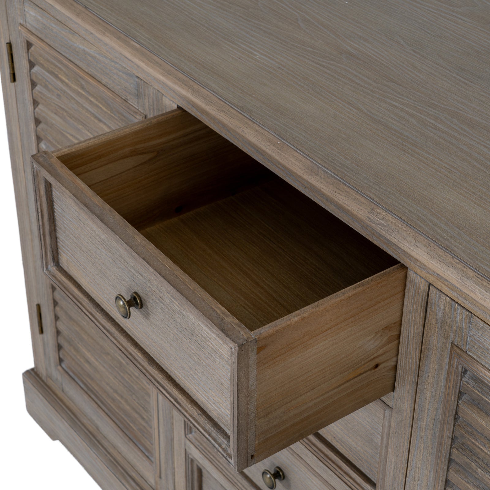 Laurent Large Wood Dresser Cabinet with 2 Doors & 4 Drawers featuring an open drawer to display the spacious wooden drawer interior, practical storage capacity and solid timber construction.