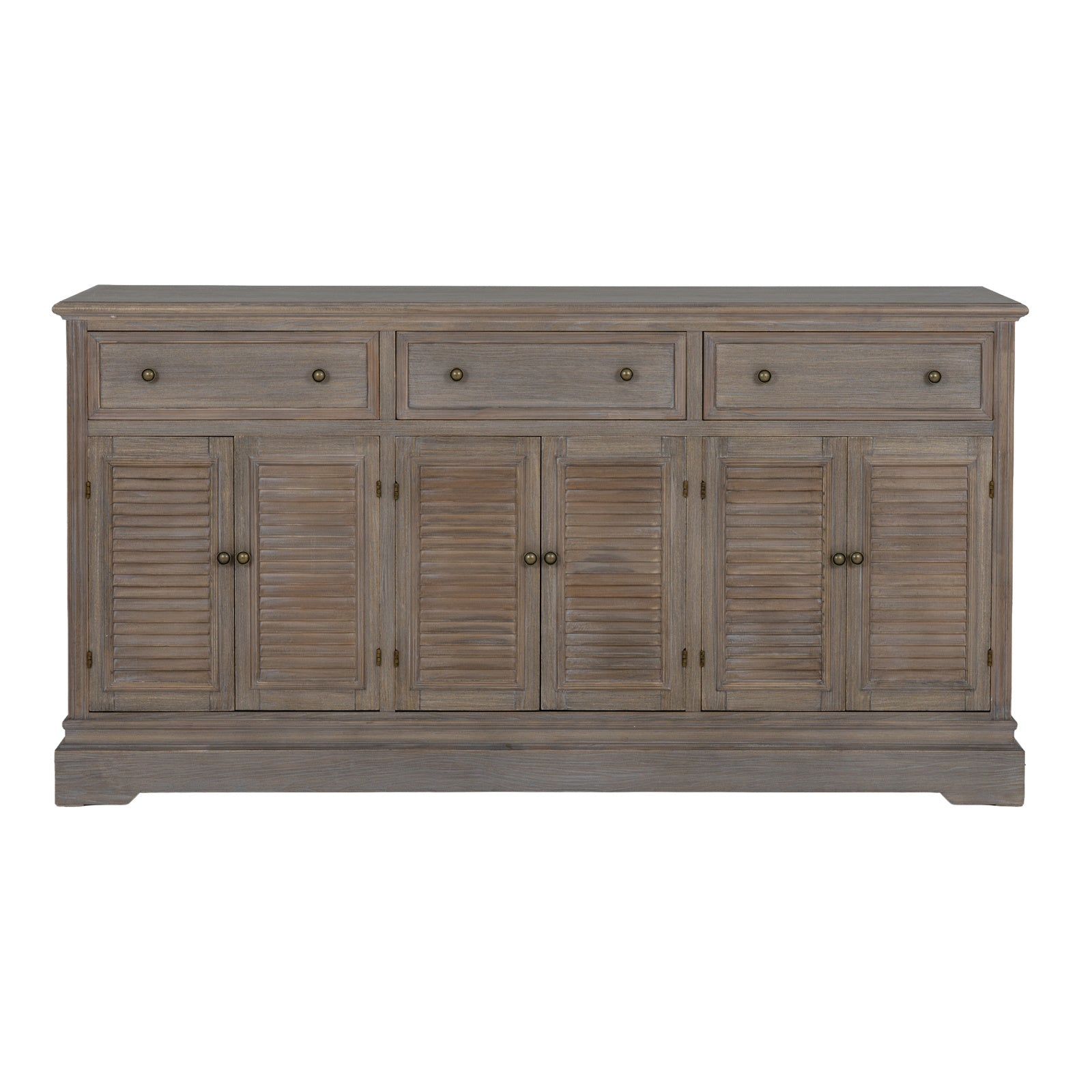 Front view of the Laurent Large Wood Display Cabinet Set base unit featuring three storage drawers, six louvred cupboard doors and spacious concealed storage in a natural wood finish.
