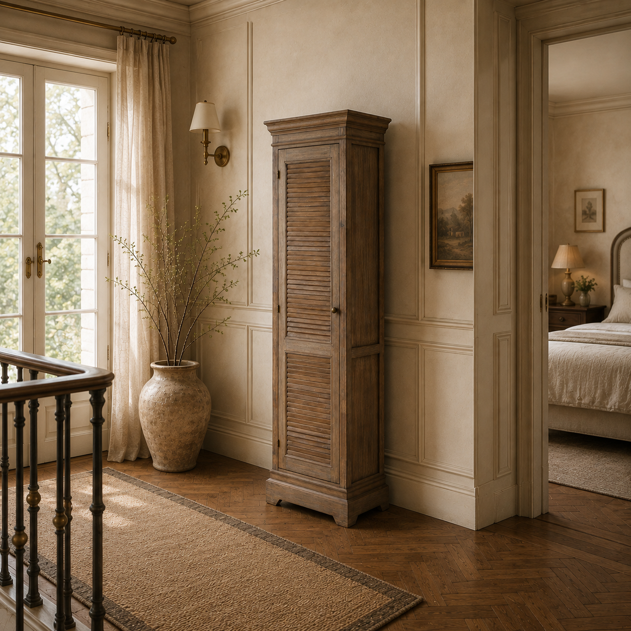 Laurent narrow wooden storage cabinet with louvred door in a classic hallway with window, vase and herringbone floor.