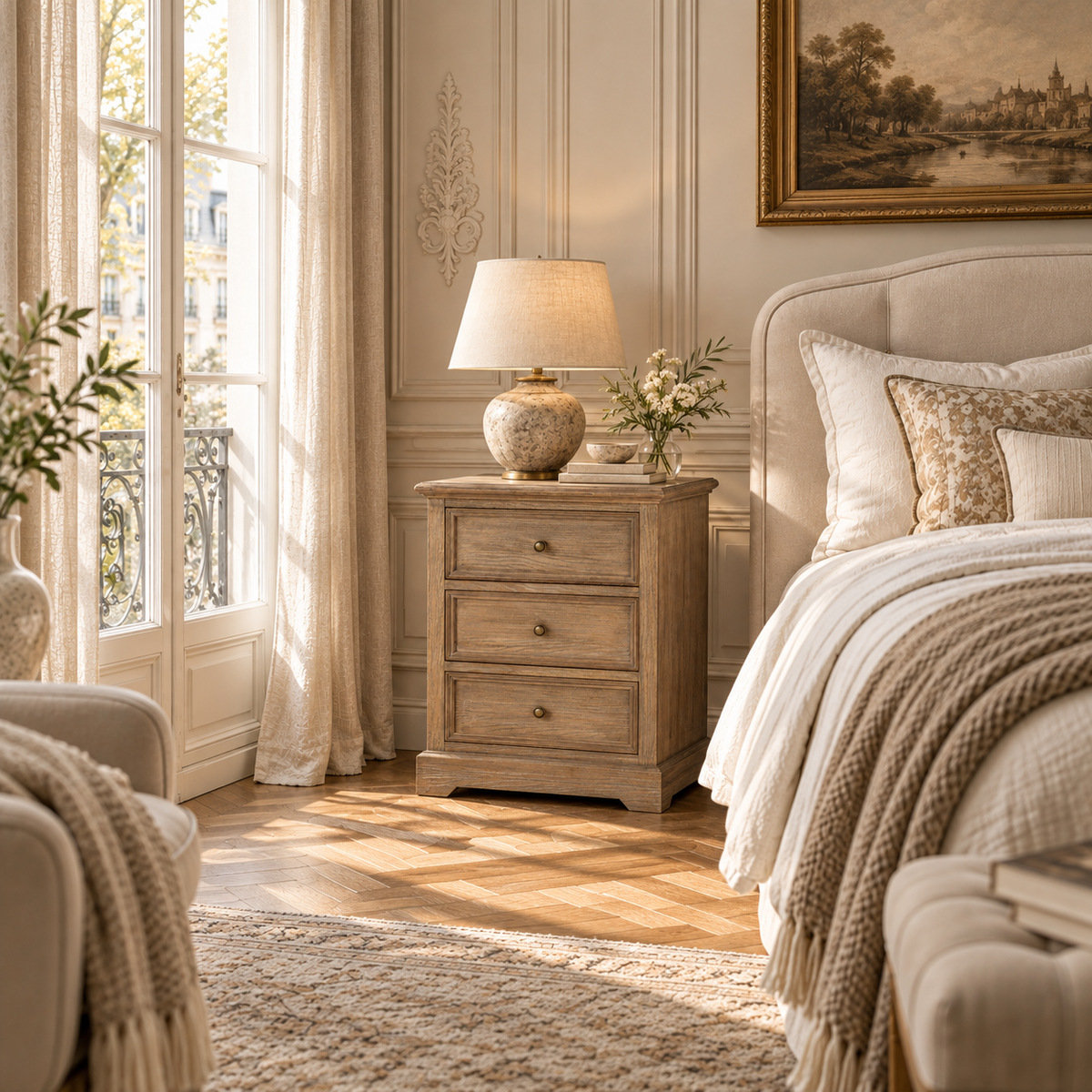 Laurent rustic wood 3 drawer chest beside an upholstered bed in a bright bedroom with French windows and soft neutral decor.