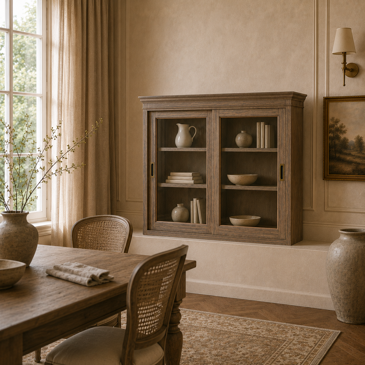 Laurent wood sliding glass dresser cabinet top with display shelves, styled beside a rustic dining table in a warm room.