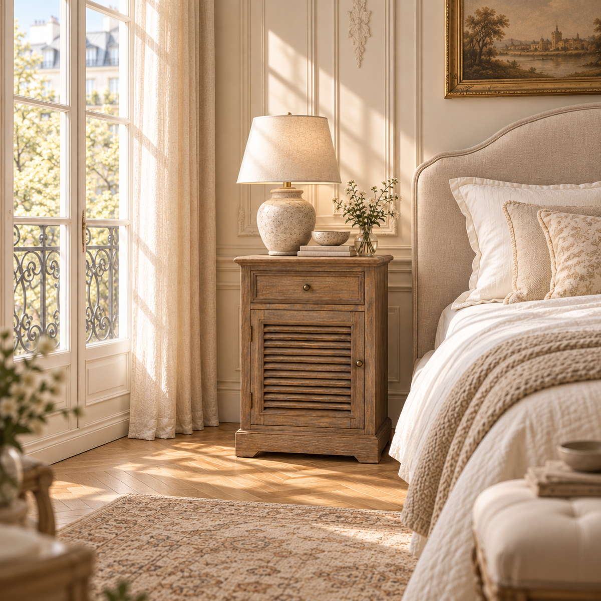 Laurent rustic wood storage chest with 1 drawer and louvred door beside an upholstered bed and French windows.