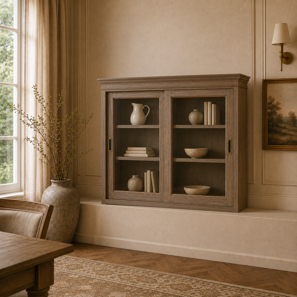 Laurent rustic wood dresser cabinet top with sliding glass doors and shelves, styled with ceramics in a warm dining room.