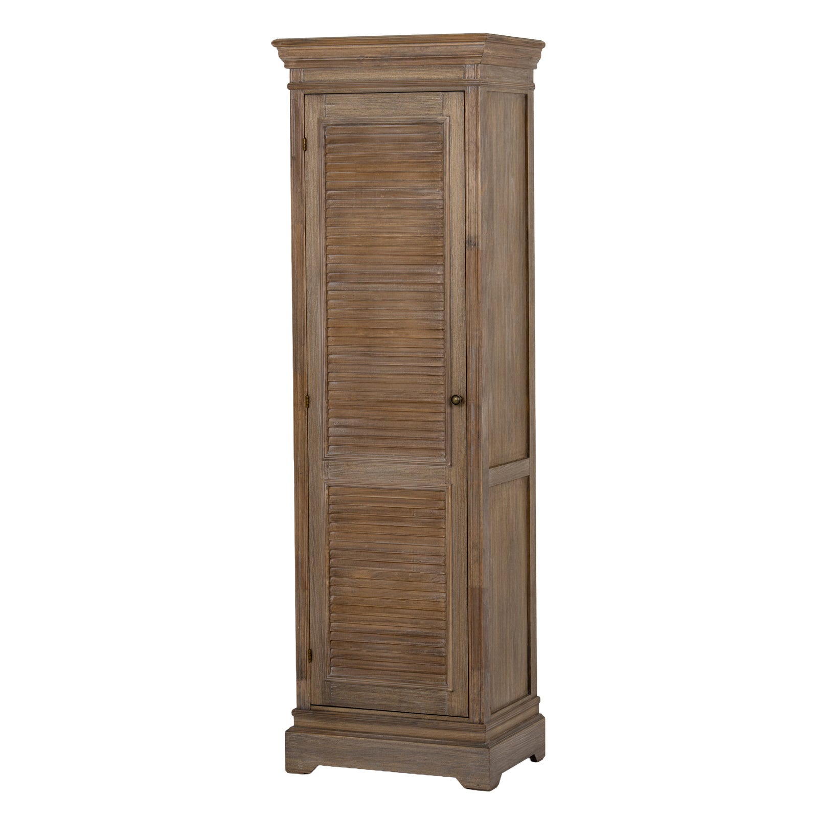 Angled front view of the Laurent Tall Wood Storage Cabinet with 1 Door & 3 Shelves featuring a natural wood finish, framed single door, spacious internal shelving and timeless design for stylish home storage.