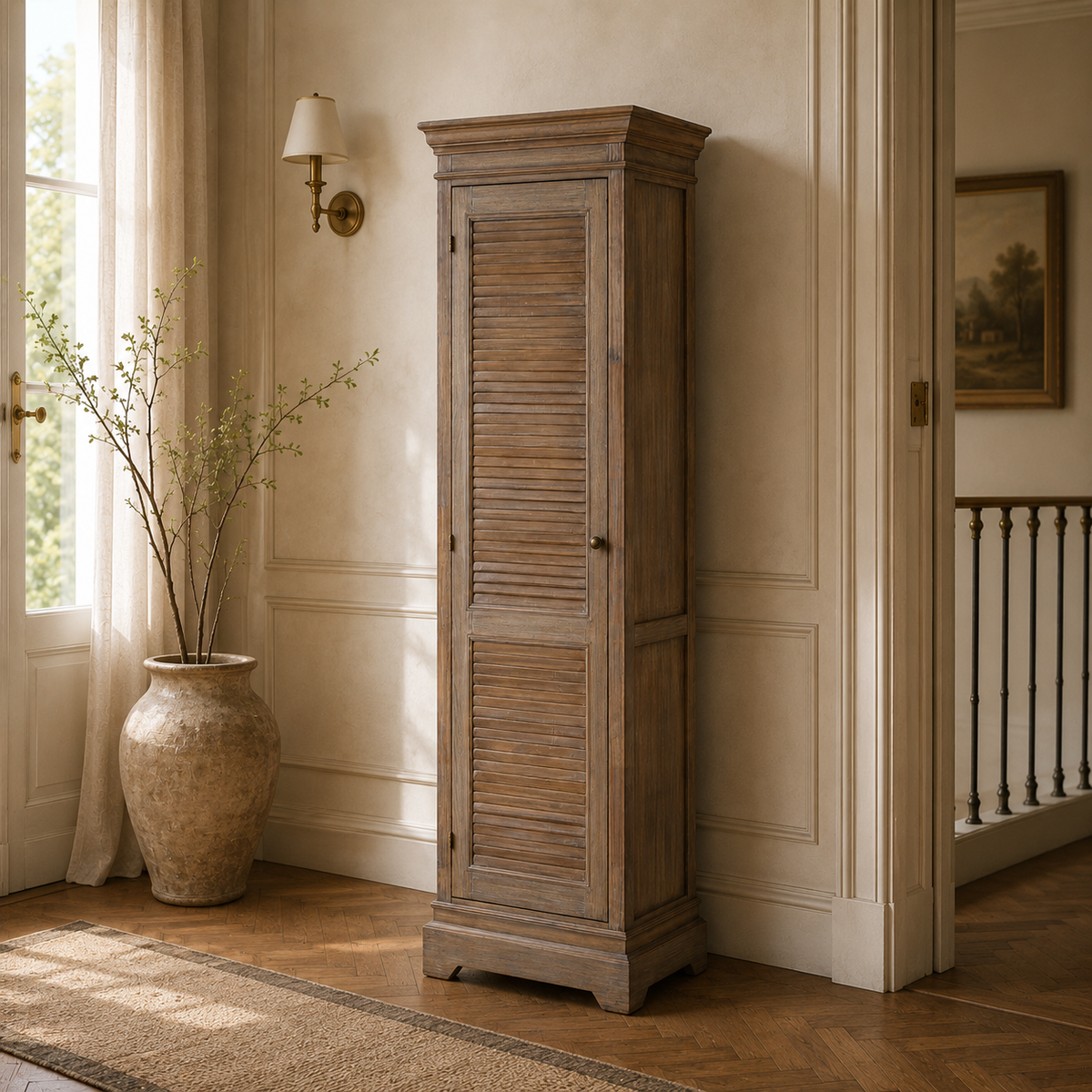 Laurent tall wood storage cabinet with 1 door and 3 shelves in a warm hallway with panelled walls and wood flooring.