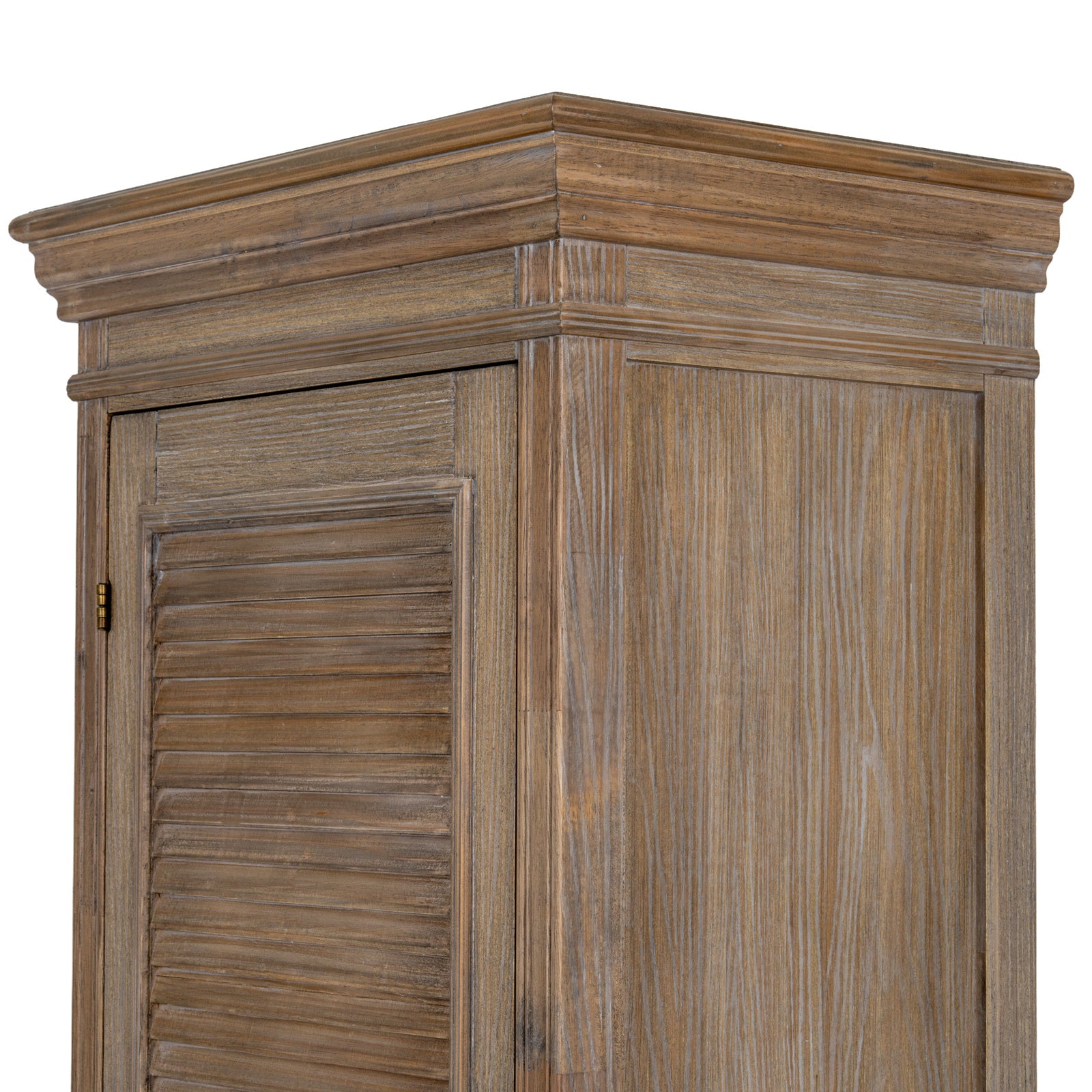 Close-up of the Laurent Tall Wood Storage Cabinet with 1 Door & 3 Shelves showcasing the decorative cornice, natural wood grain, premium craftsmanship and classic furniture detailing.
