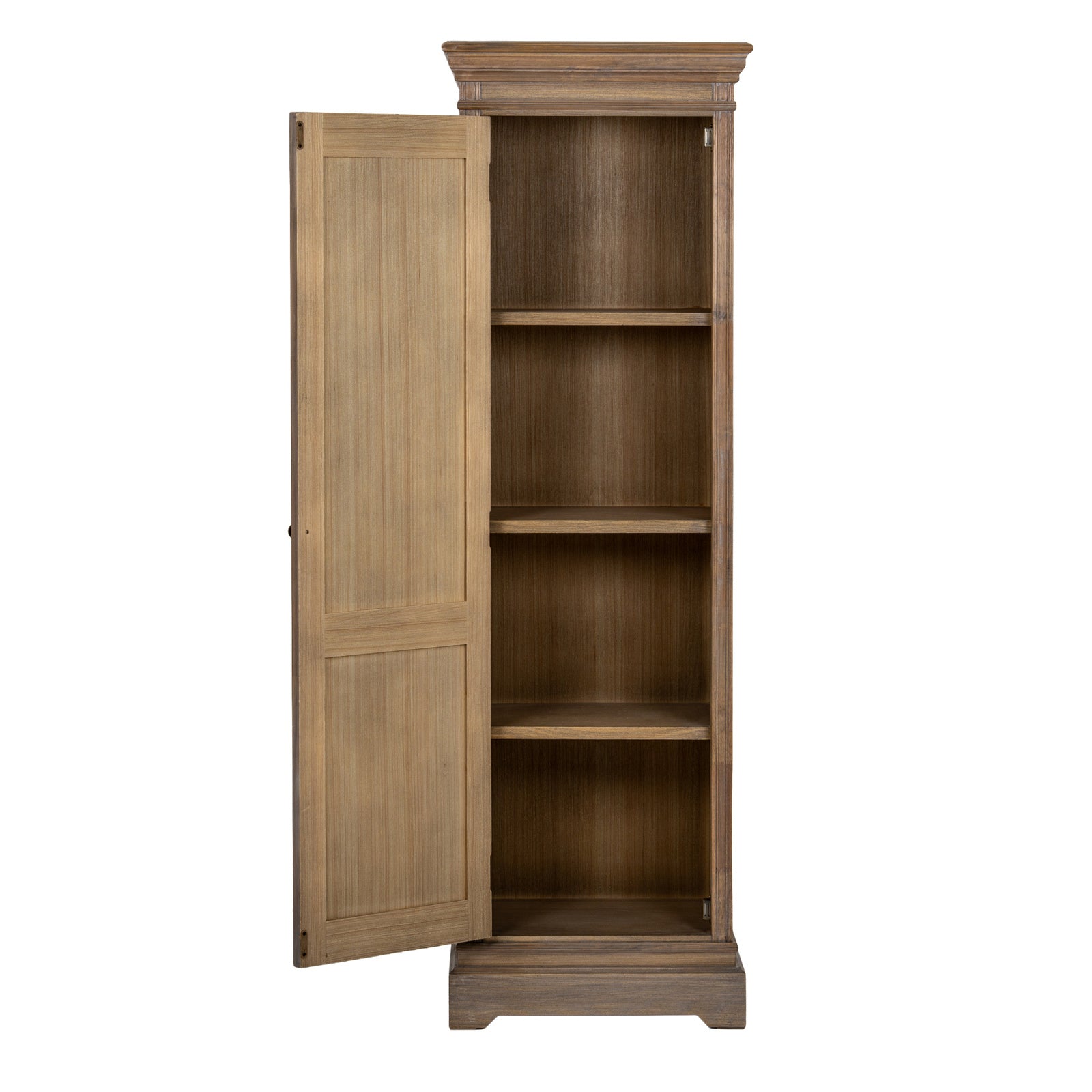 Laurent Tall Wood Storage Cabinet with 1 Door & 3 Shelves shown with the door open, revealing three spacious internal shelves for organising household essentials, linens, books or decorative accessories.