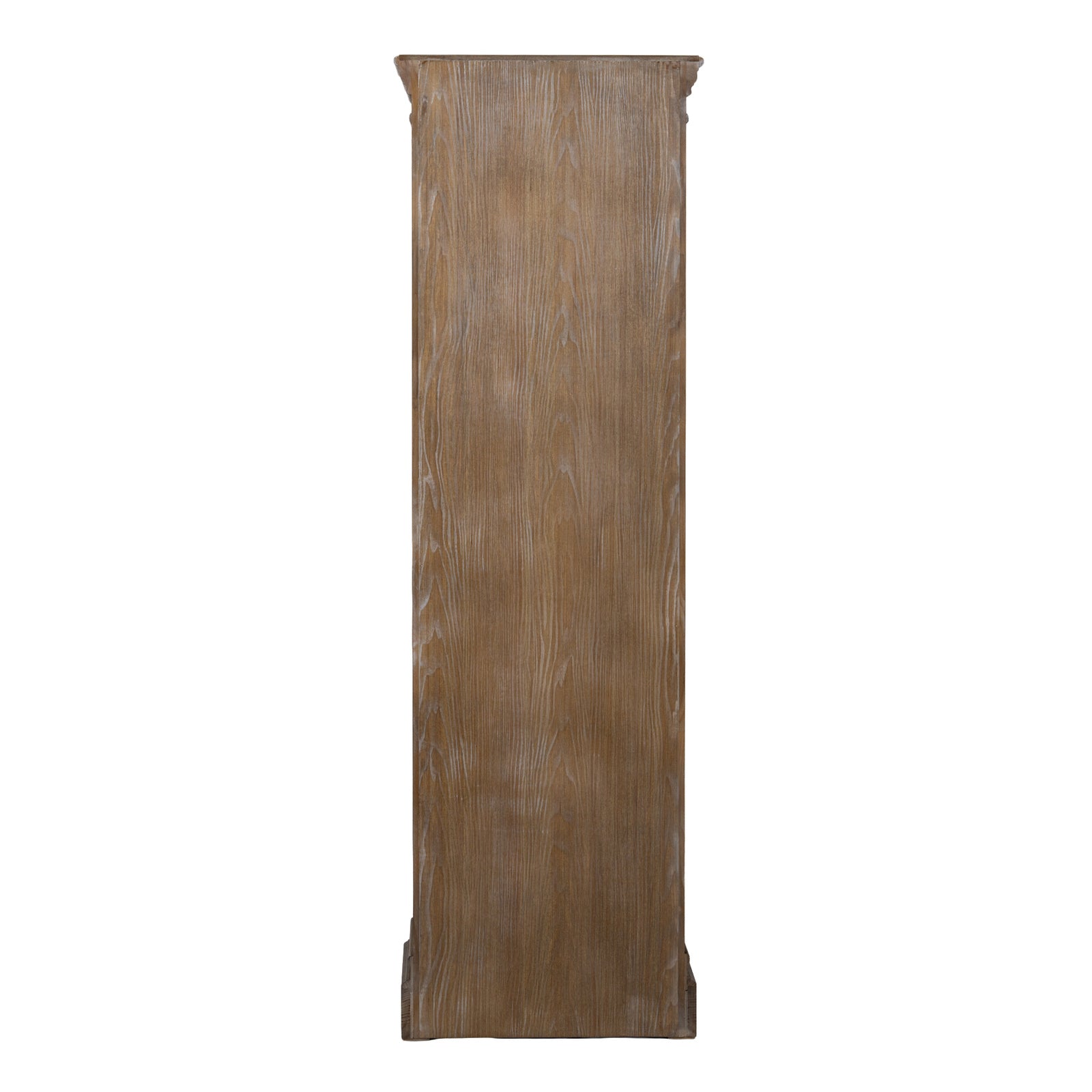 Side profile of the Laurent Tall Wood Storage Cabinet with 1 Door & 3 Shelves highlighting the solid wood construction, natural timber finish, deep storage capacity and quality craftsmanship.