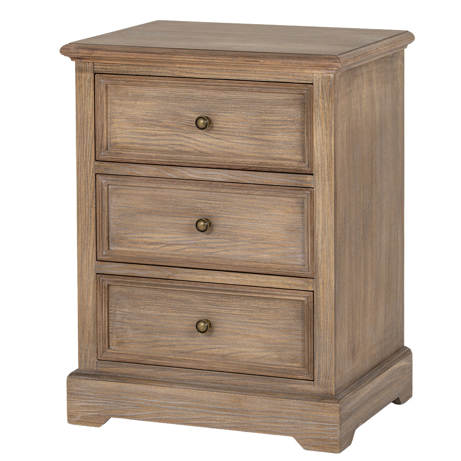 Angled front view of the Laurent Wood Chest of Drawers with 3 Drawers showcasing its natural wood finish, three spacious drawers, framed detailing and compact freestanding storage cabinet design for bedrooms, living rooms and hallways.