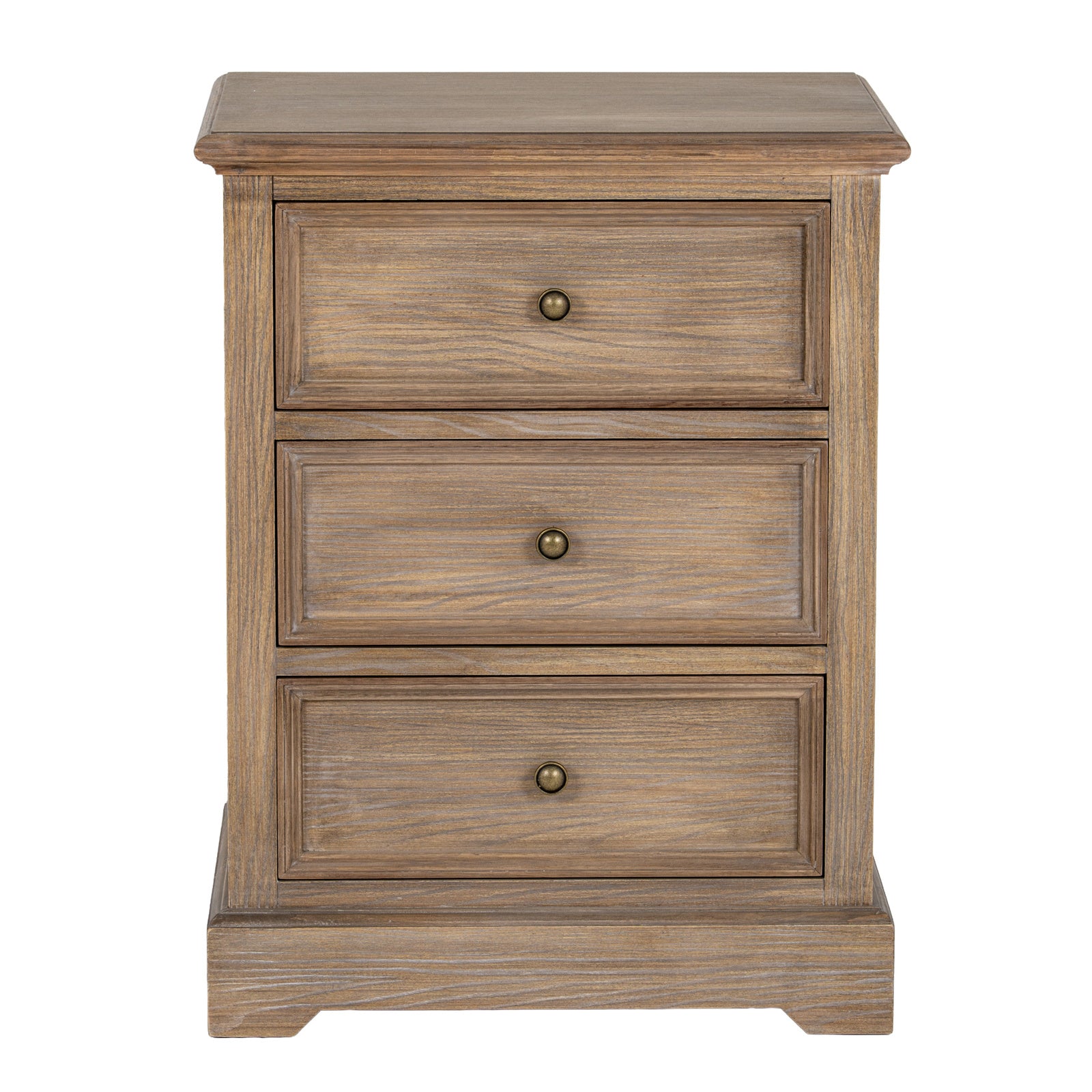 Front view of the Laurent Wood Chest of Drawers with 3 Drawers highlighting the symmetrical three-drawer design, antique brass knobs, natural wood grain and classic rustic styling for elegant home storage.