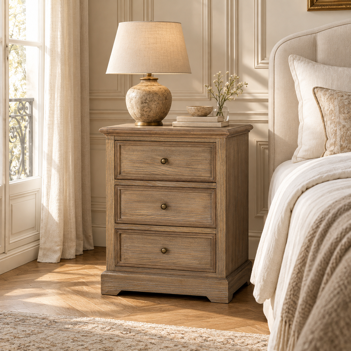 Laurent wood chest of drawers with 3 drawers beside a beige bed in a warm sunlit bedroom with curtains and lamp.