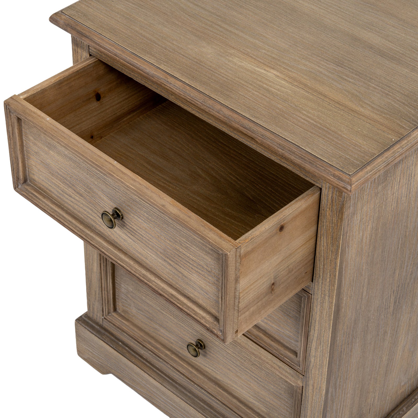 Close-up of the Laurent Wood Chest of Drawers with 3 Drawers featuring the fully extended storage drawer, spacious interior, natural wood grain and antique brass ring pull for practical everyday organisation.
