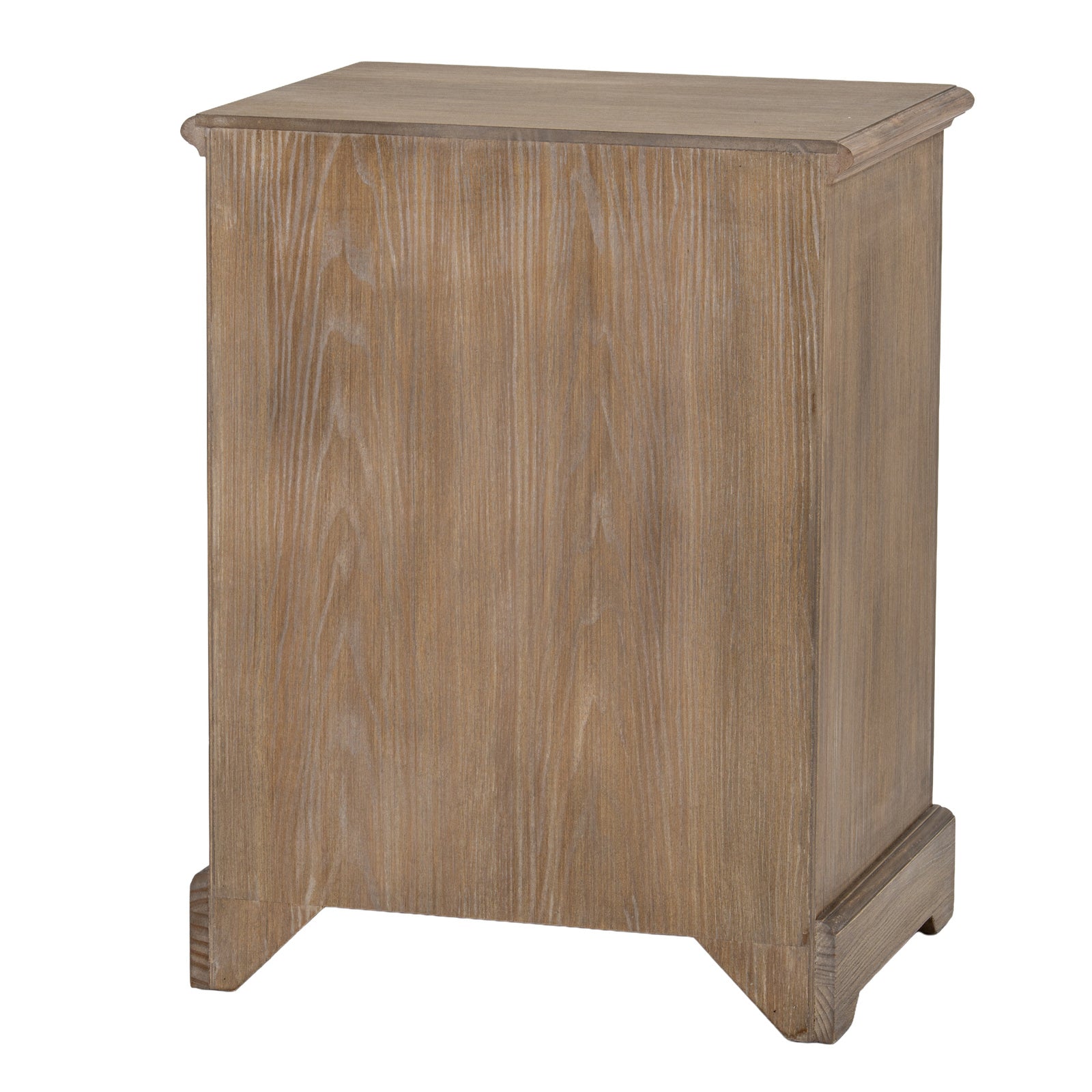 Rear view of the Laurent Wood Chest of Drawers with 3 Drawers showcasing the solid wood back panel, natural timber finish, sturdy freestanding construction and quality craftsmanship.