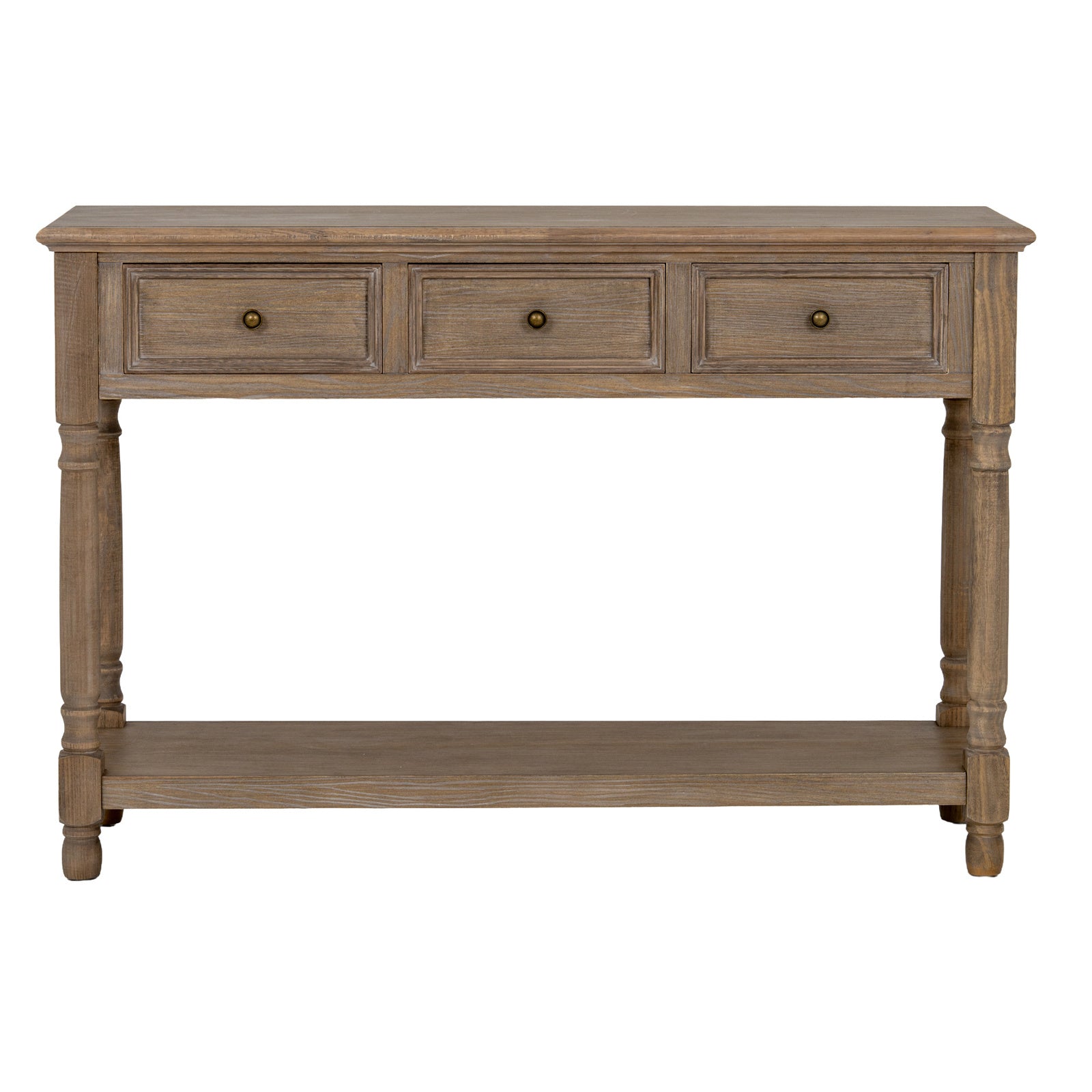 Front view of the Laurent Wood Console Table with 3 Drawers & Shelf highlighting the symmetrical three-drawer design, solid wood frame, lower display shelf, turned legs and versatile hallway storage furniture.