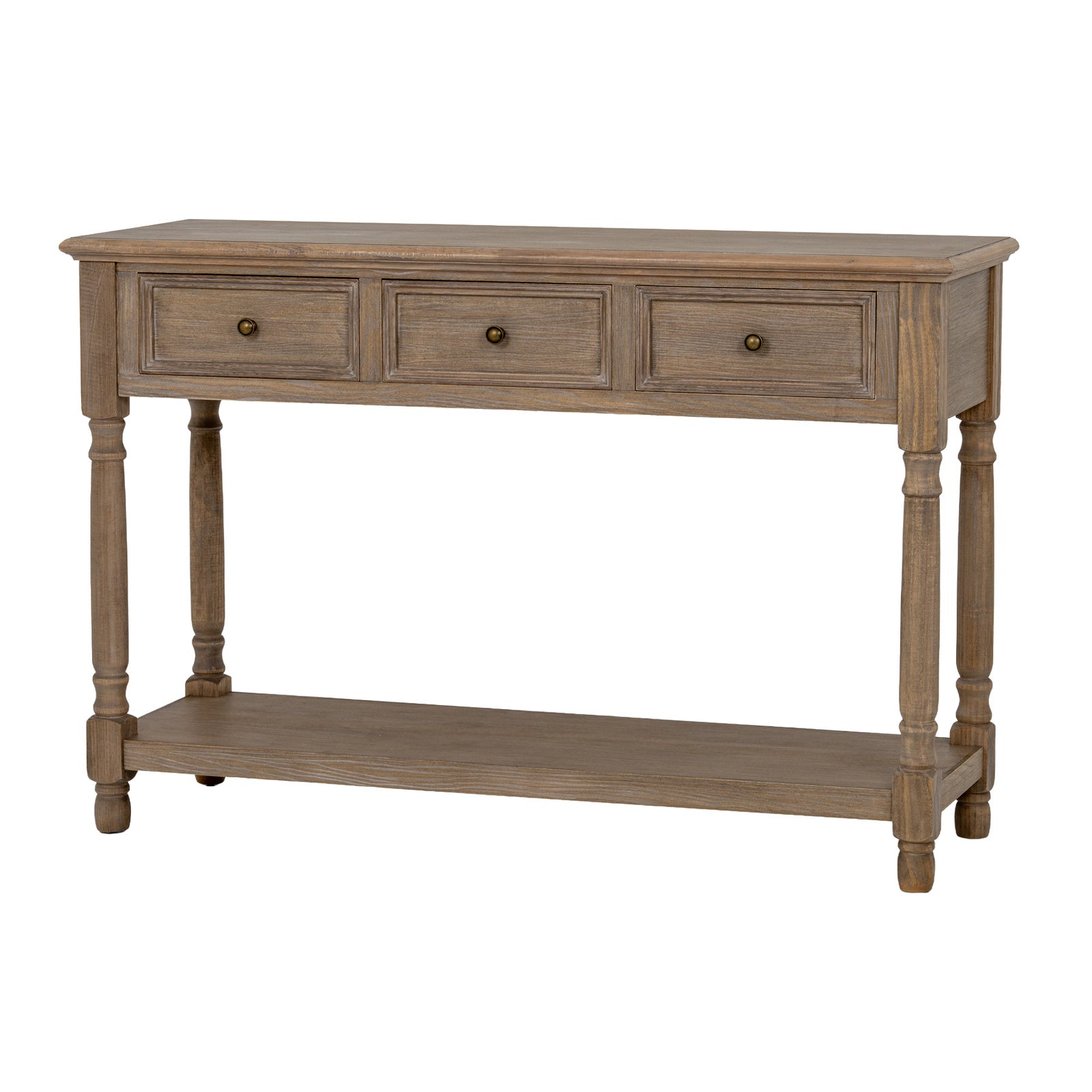 Angled view of the Laurent Wood Console Table with 3 Drawers & Shelf showcasing its natural wood construction, three spacious drawers, antique brass knobs, lower storage shelf and classic farmhouse-inspired console table design.