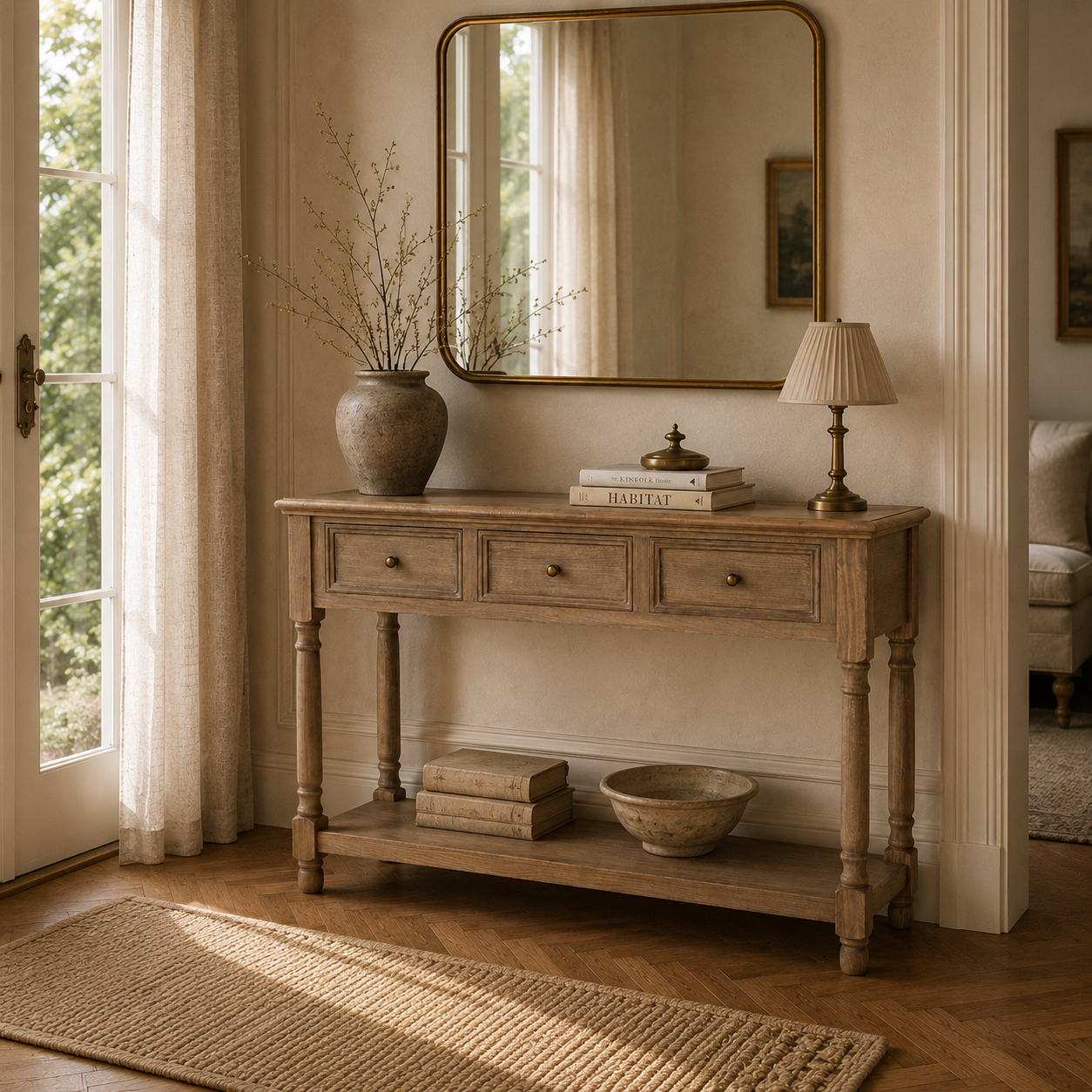 Laurent wood console table with 3 drawers and shelf styled with brass mirror, vase and books in a warm Parisian hallway.