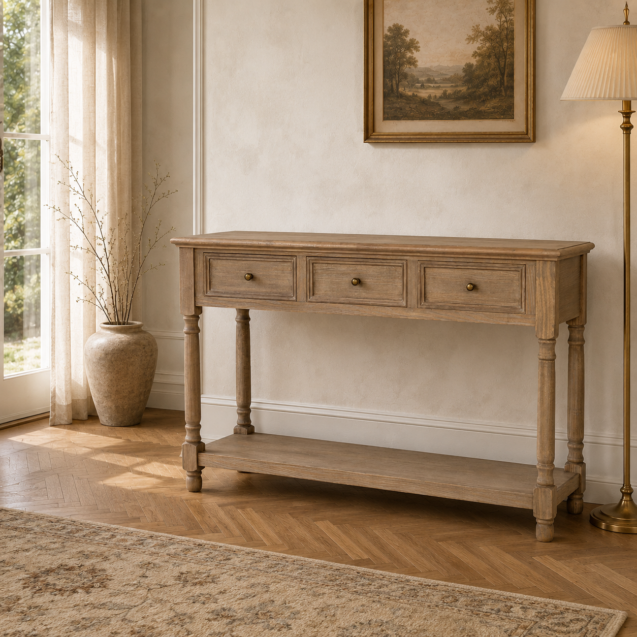 Laurent wood console table with 3 drawers and shelf in a Parisian hallway with brass lamp, rug and linen curtains.
