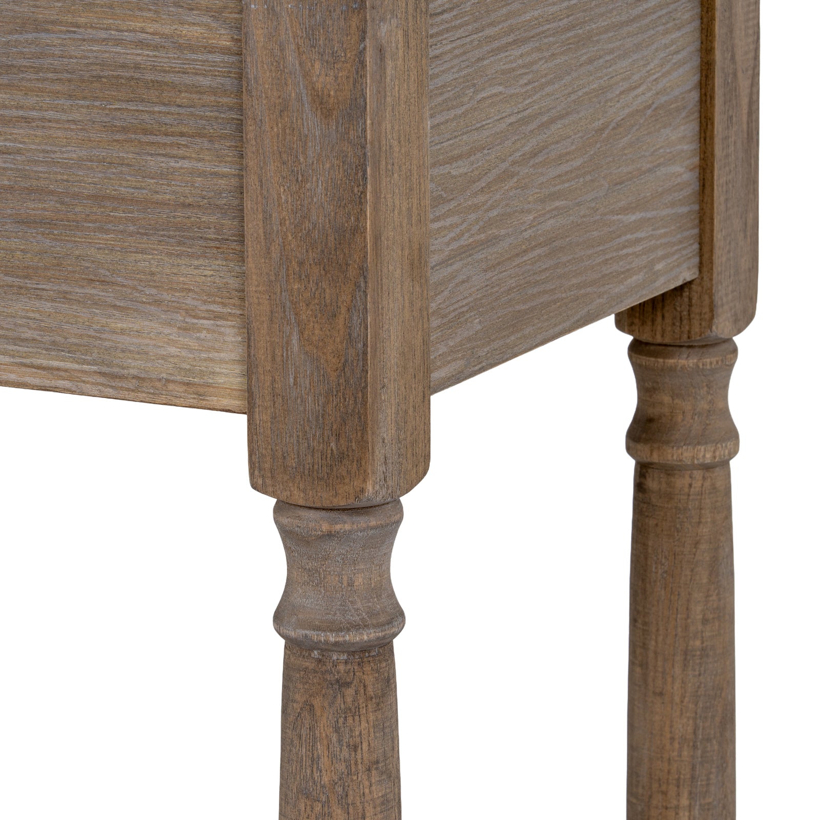Detailed close-up of the Laurent Wood Console Table with 3 Drawers & Shelf highlighting the turned solid wood legs, natural timber grain, sturdy craftsmanship and traditional furniture detailing.