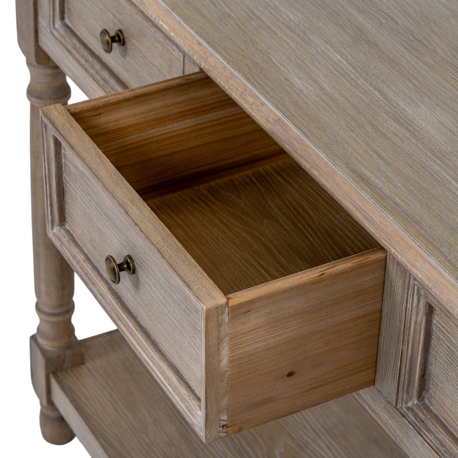 Laurent Wood Console Table with 3 Drawers & Shelf featuring an open drawer to display the spacious wooden interior, practical storage capacity, solid timber construction and smooth drawer design.