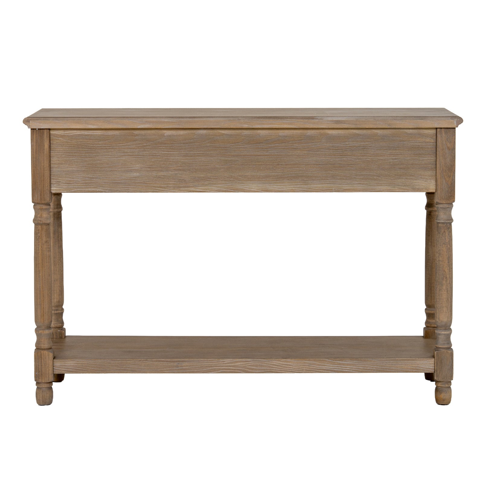 Rear view of the Laurent Wood Console Table with 3 Drawers & Shelf showcasing the solid wood back panel, robust frame construction, lower storage shelf and freestanding furniture design.