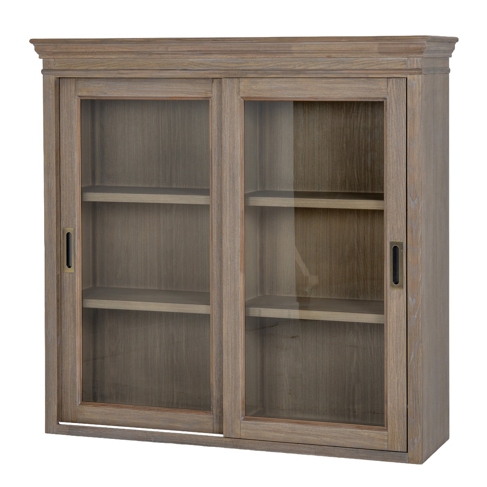 Front view of the Laurent Wood Display Cabinet Set with Sliding Glass Doors featuring two sliding glass doors, spacious wooden shelving, display storage and natural wood finish.