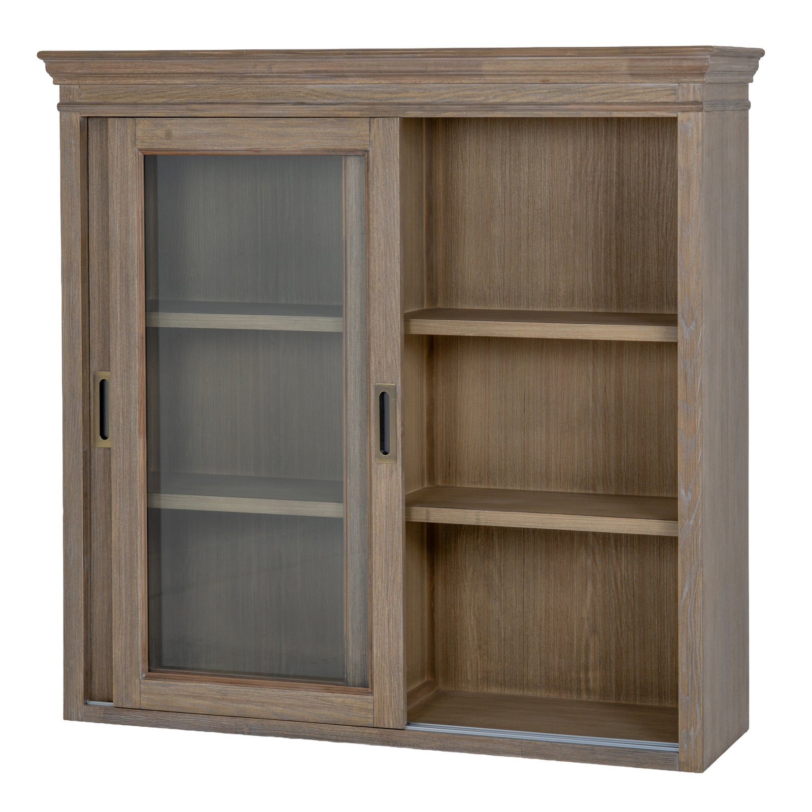 The Laurent Wood Display Cabinet Set with Sliding Glass Doors shown with one sliding glass door open, revealing spacious wooden shelving for books, ceramics, ornaments and decorative accessories.