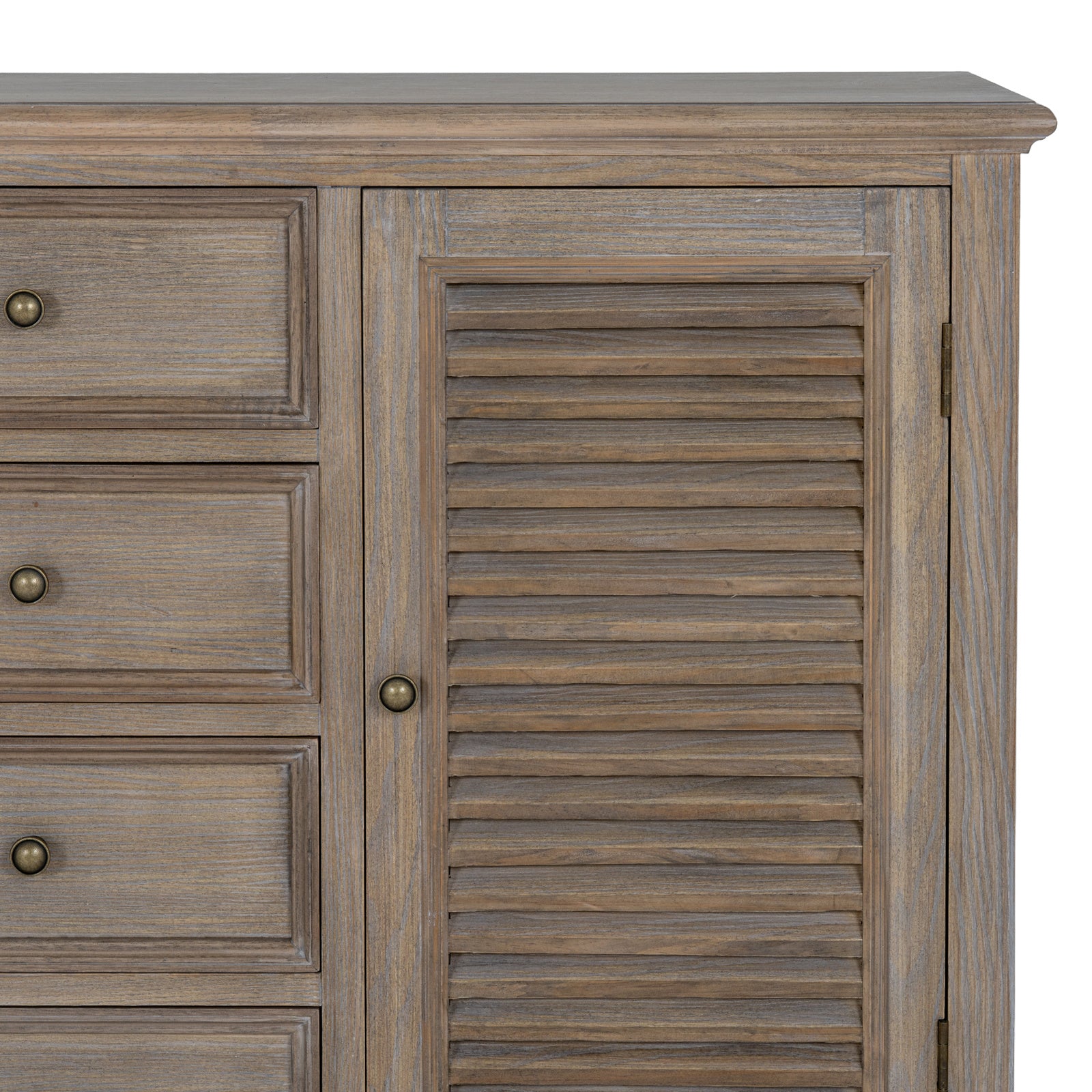 Detailed close-up of the Laurent Wood Display Cabinet Set matching sideboard highlighting the louvred cupboard door, natural wood grain, premium craftsmanship and traditional cabinet detailing.