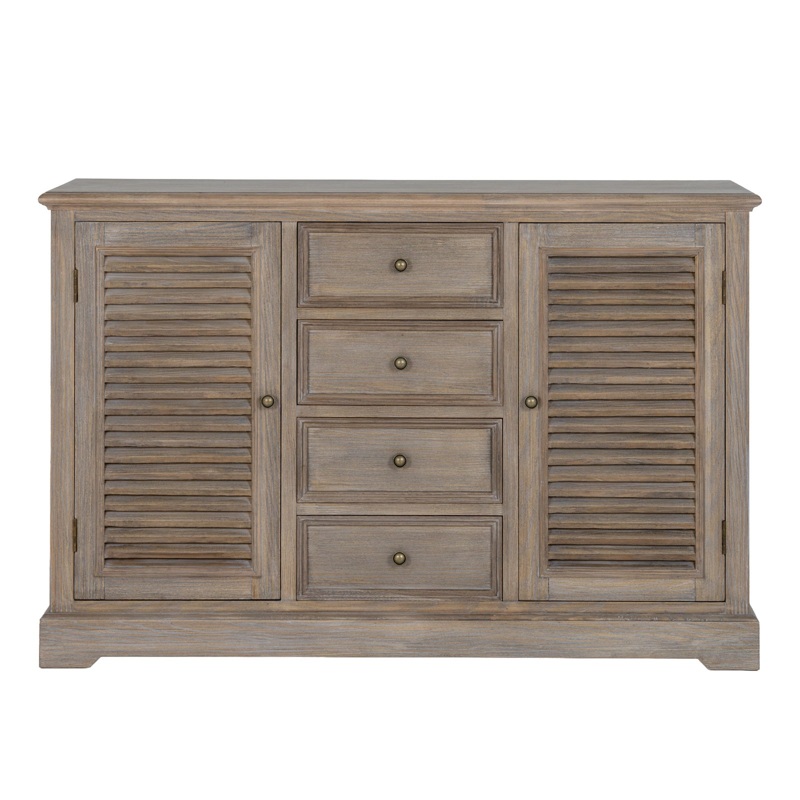 Front view of the Laurent Wood Display Cabinet Set matching sideboard with louvred cupboard doors, four drawers, generous concealed storage and natural wood construction.