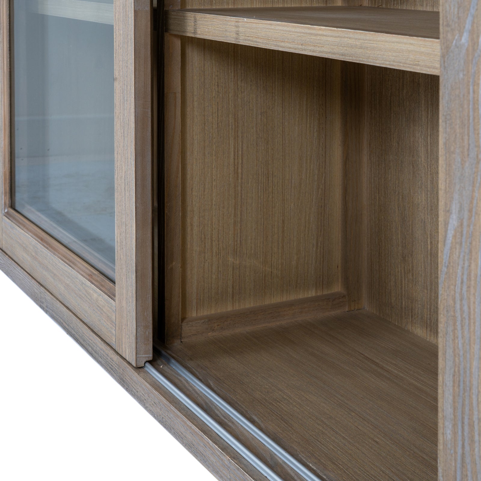 Detailed close-up of the Laurent Wood Display Cabinet Set with Sliding Glass Doors highlighting the sliding door track, natural wood shelving, premium cabinet construction and smooth sliding mechanism.