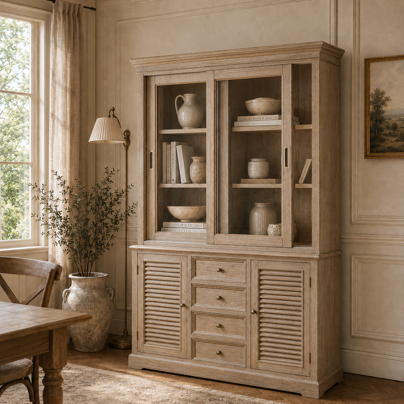 Laurent wood display cabinet with sliding glass doors and lower storage, styled with ceramics in a warm dining room.