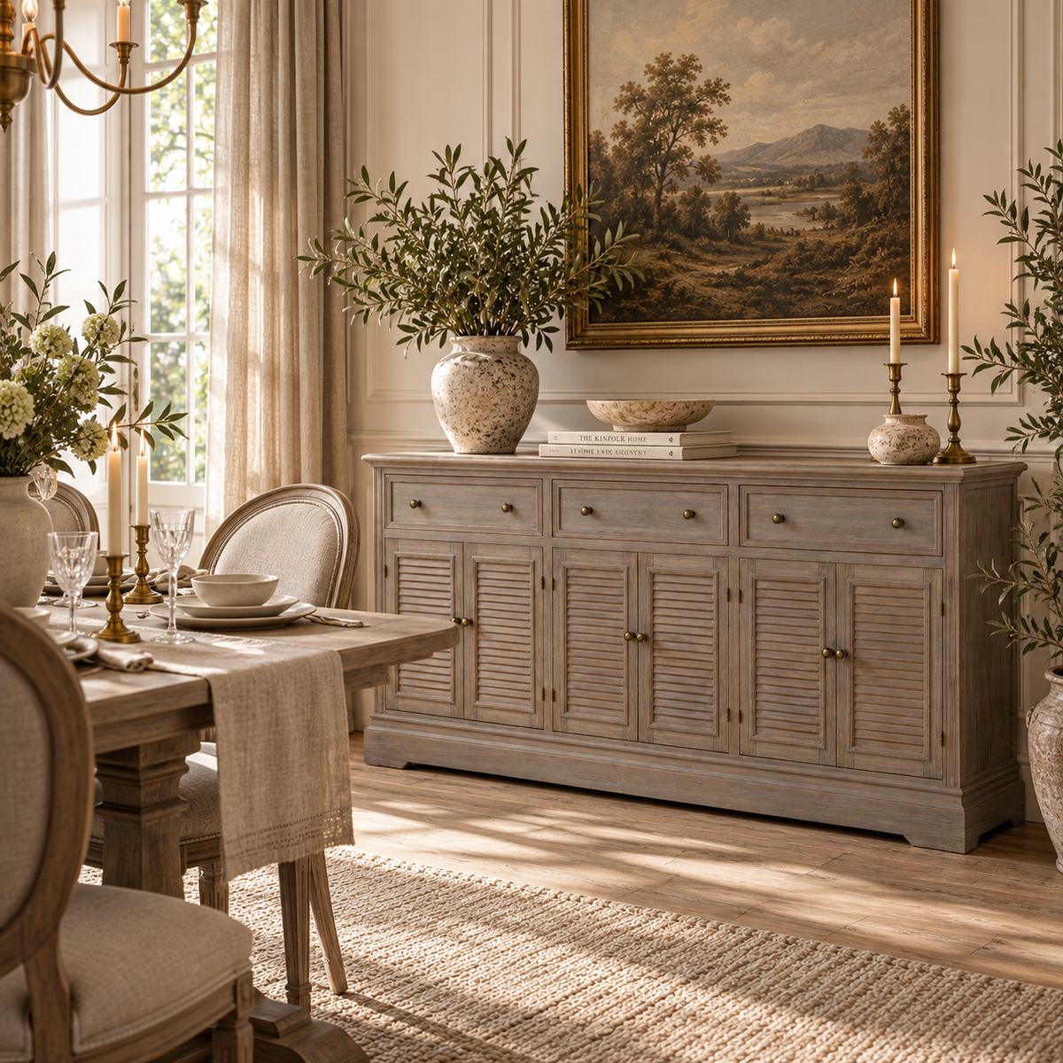 Laurent wood storage sideboard with drawers and louvred doors in a sunlit dining room with artwork and greenery
