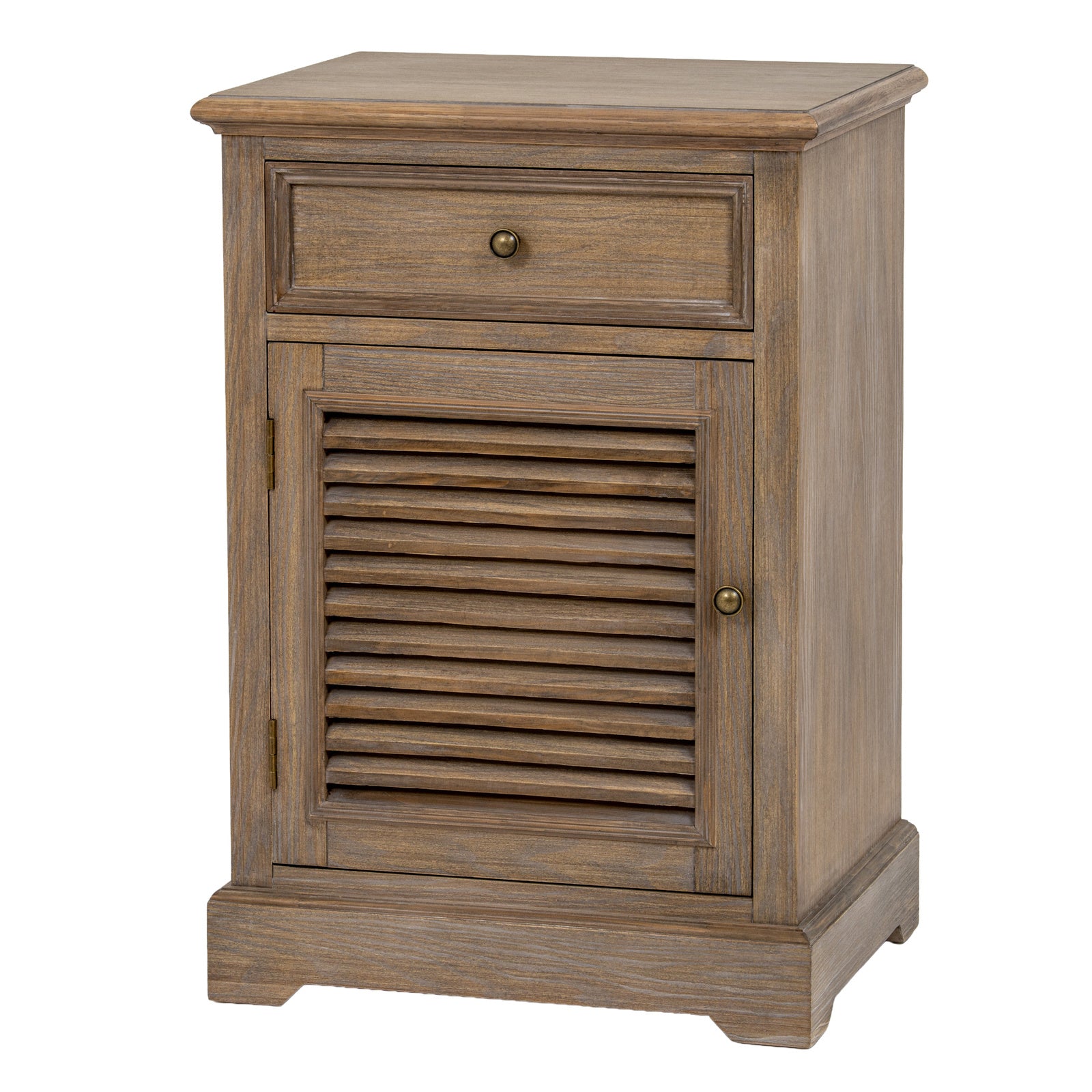 Angled front view of the Laurent Wood Storage Chest with 1 Door & 1 Drawer – Left Hand showcasing its natural wood finish, framed drawer, left-hand shutter door and compact storage design for bedrooms, living rooms and hallways.