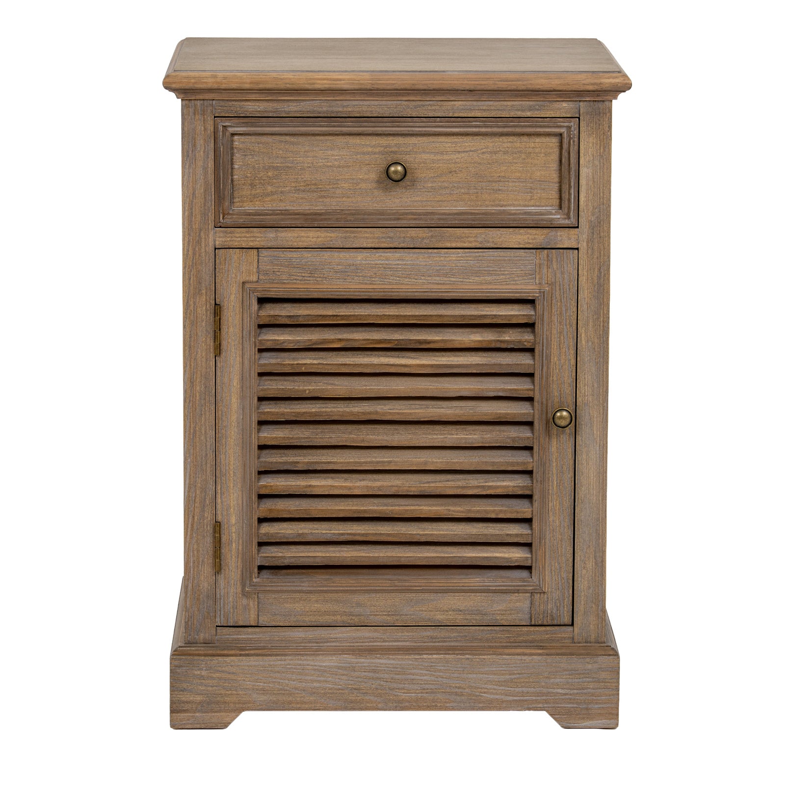 Front view of the Laurent Wood Storage Chest with 1 Door & 1 Drawer – Left Hand highlighting the louvred shutter-style cabinet door, spacious upper drawer, antique brass hardware and timeless natural wood construction.