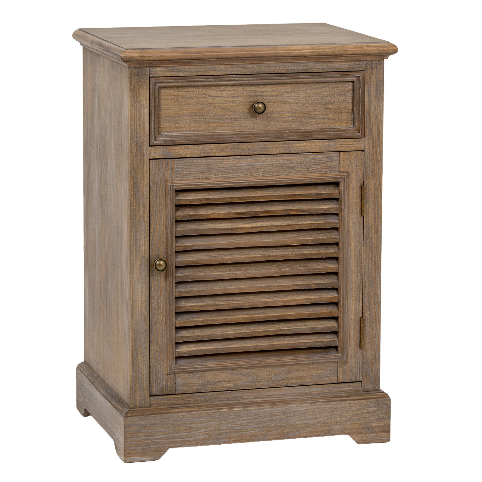 Angled front view of the Laurent Wood Storage Chest with 1 Door & 1 Drawer – Right Hand showcasing its natural wood finish, framed drawer, right-hand shutter door and compact storage design for bedrooms, living rooms and hallways.